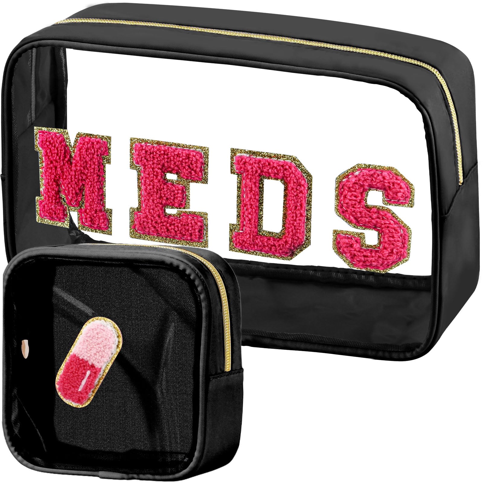 BuyCard 2 Pcs Medicine Chenille Letter Bag Preppy Clear Makeup Meds Pouch for Travel Nylon & PVC Transparent Cosmetic Bag Preppy Patch Toiletry