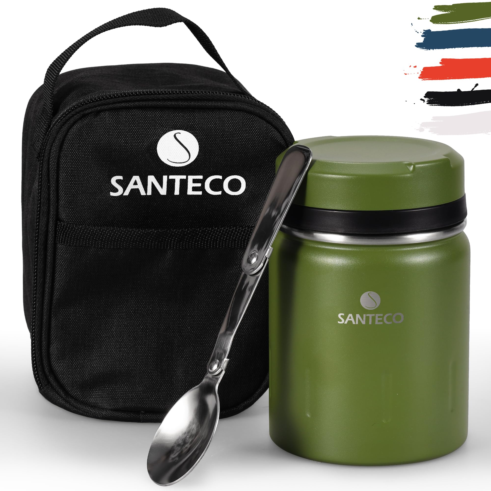 SANTECO 17 oz Insulated Food Jar with Spoon & Bag, Leak Proof Soup Thermal Lunch Box for Hot Food & Drinks, Width Mouth Stainless Steel Vacuum Lunch Container - Green