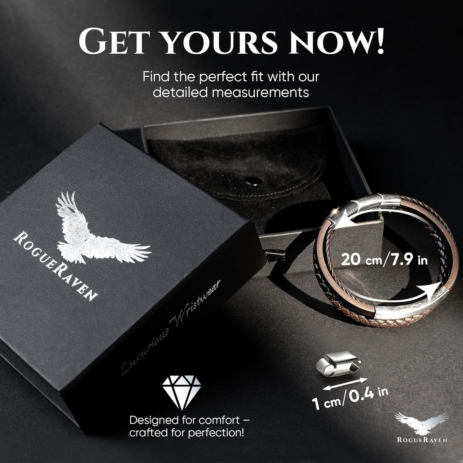 RogueRaven Black Leather Bracelet for Men – Premium Collection – Brown Black Gold Silver | Genuine Leather Mens Bracelet with Stainless Steel Clasp [Adjustable] | In Luxury Gift Box - Image 6