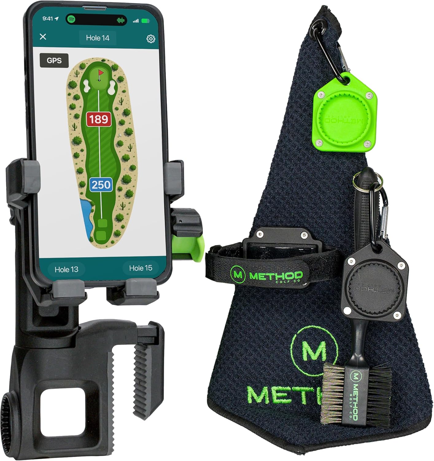 Method Golf CarryStack Pro Pack Golf Bag Phone Holder – Heavy Duty Magnetic Phone Mount for Most Smartphones with Magnetic RangeFinder Strap, MagStack Greenside Golf Towel and Premium Club Brush