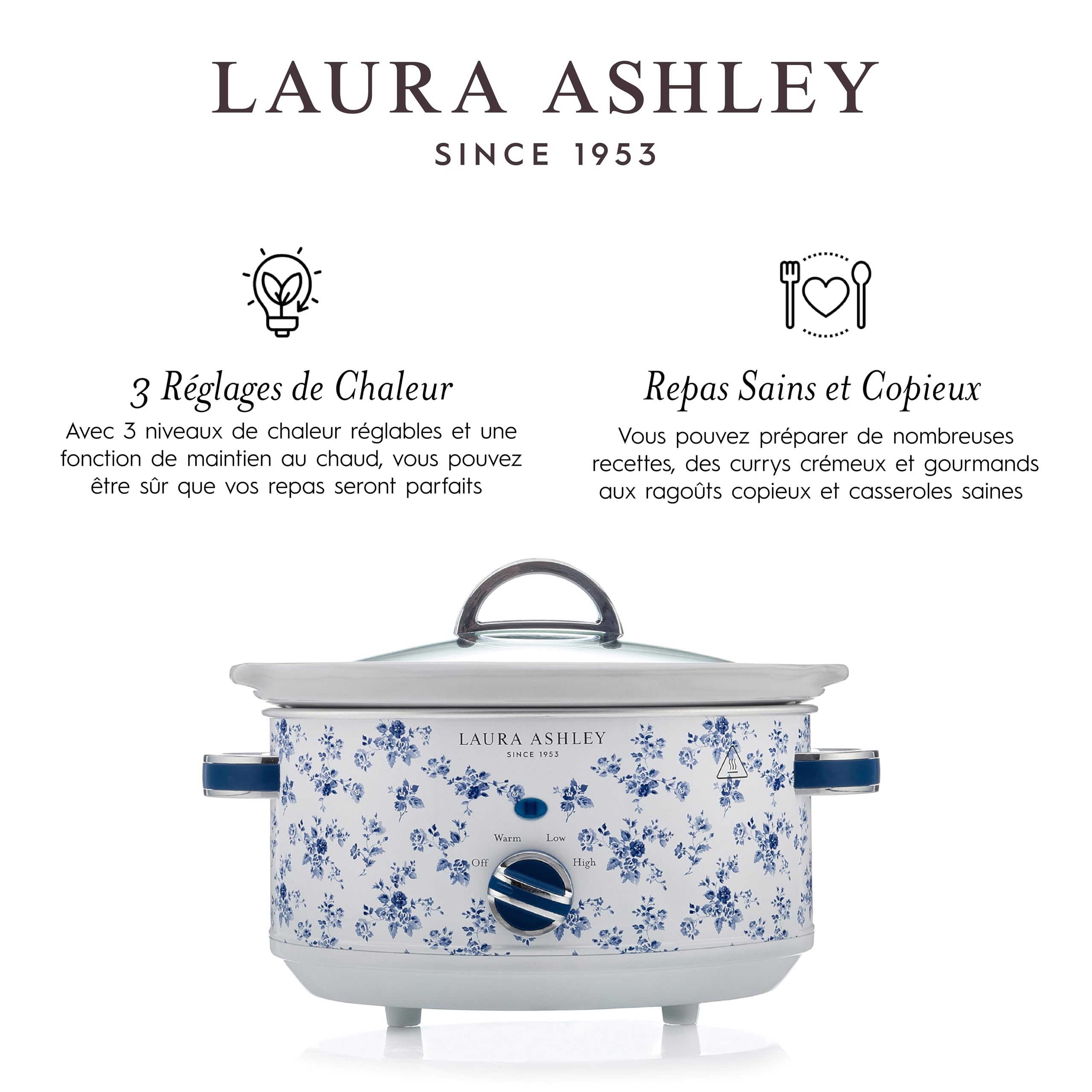 Laura Ashley Mijoteuse Electrique 6,5 Litres avec Imprimé China Rose par VQ - Slow Cooker pour 8 à 10 Personnes, Économique en Énergie, avec 3 Réglages de Température et un Couvercle en Verre Trempé