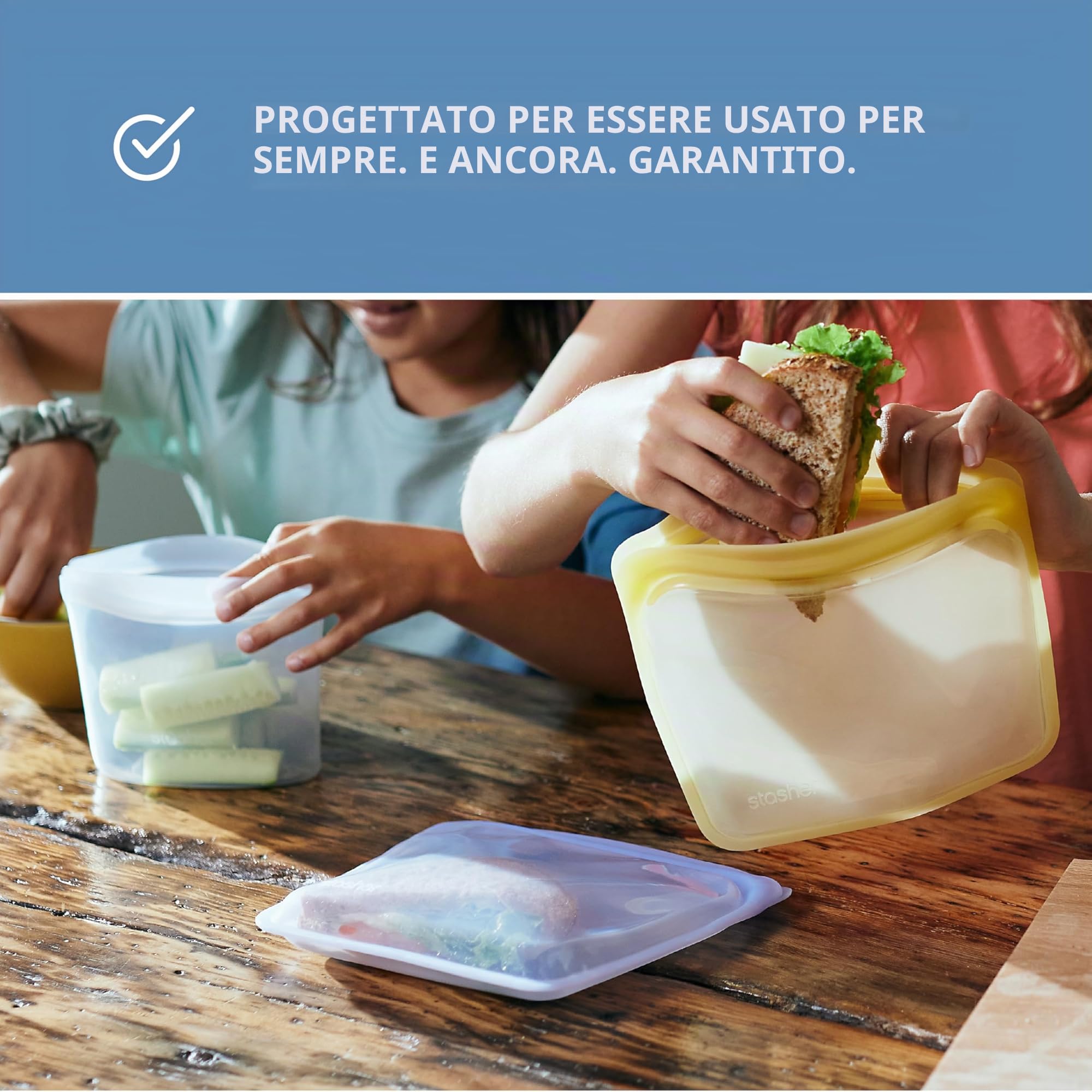 Stasher Sacchetti riutilizzabili in silicone, confezione da 6 pezzi, sacchetti riutilizzabili per congelatore, microonde, lavastoviglie, forno, sous vide, contenitori per il pranzo, ecologici, borsa