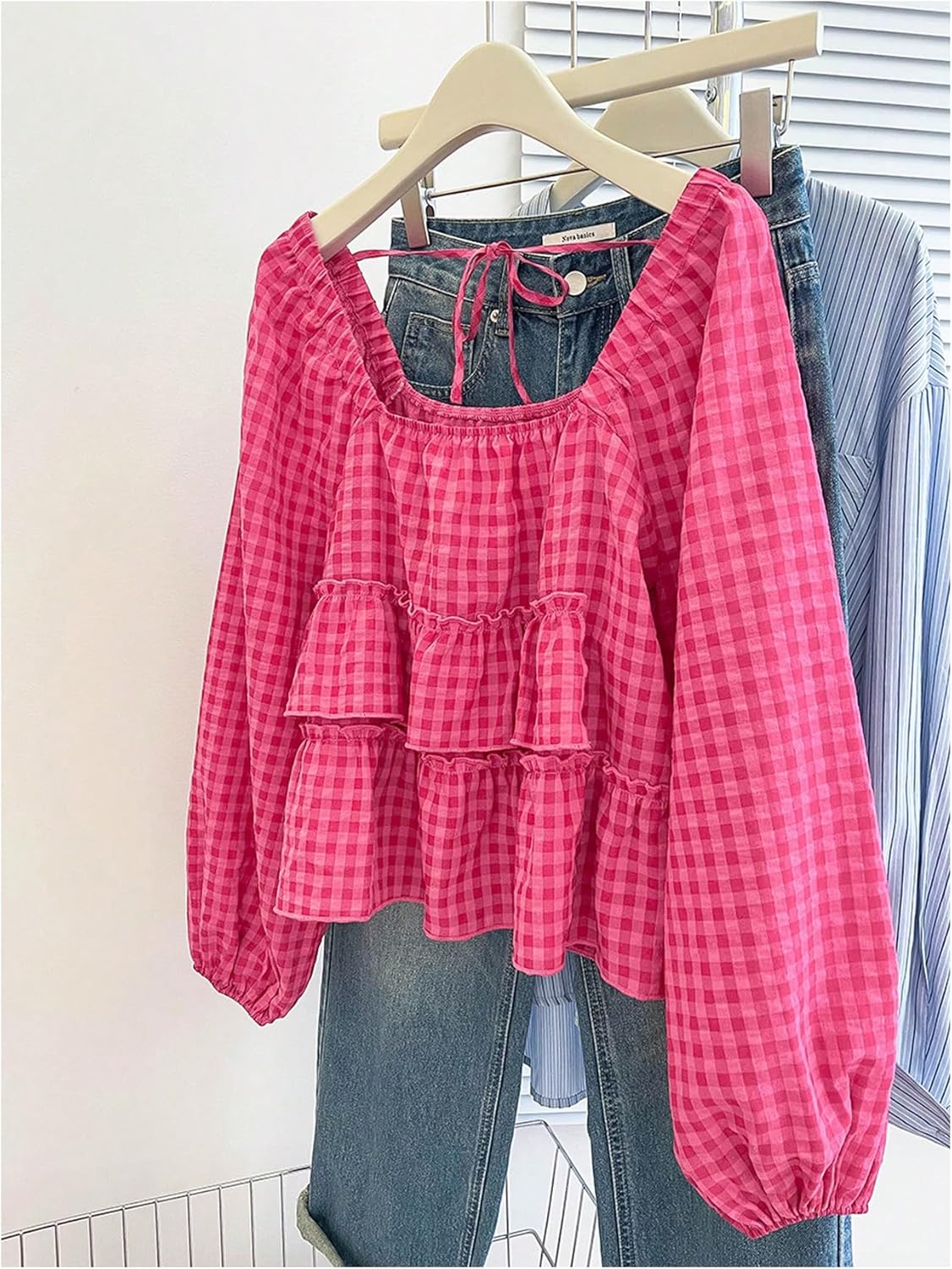 Floerns Women's Plus Size Cute Gingham Lantern Sleeve Blouses Ruffle Tie Back Babydoll Crop Tops - Image 5