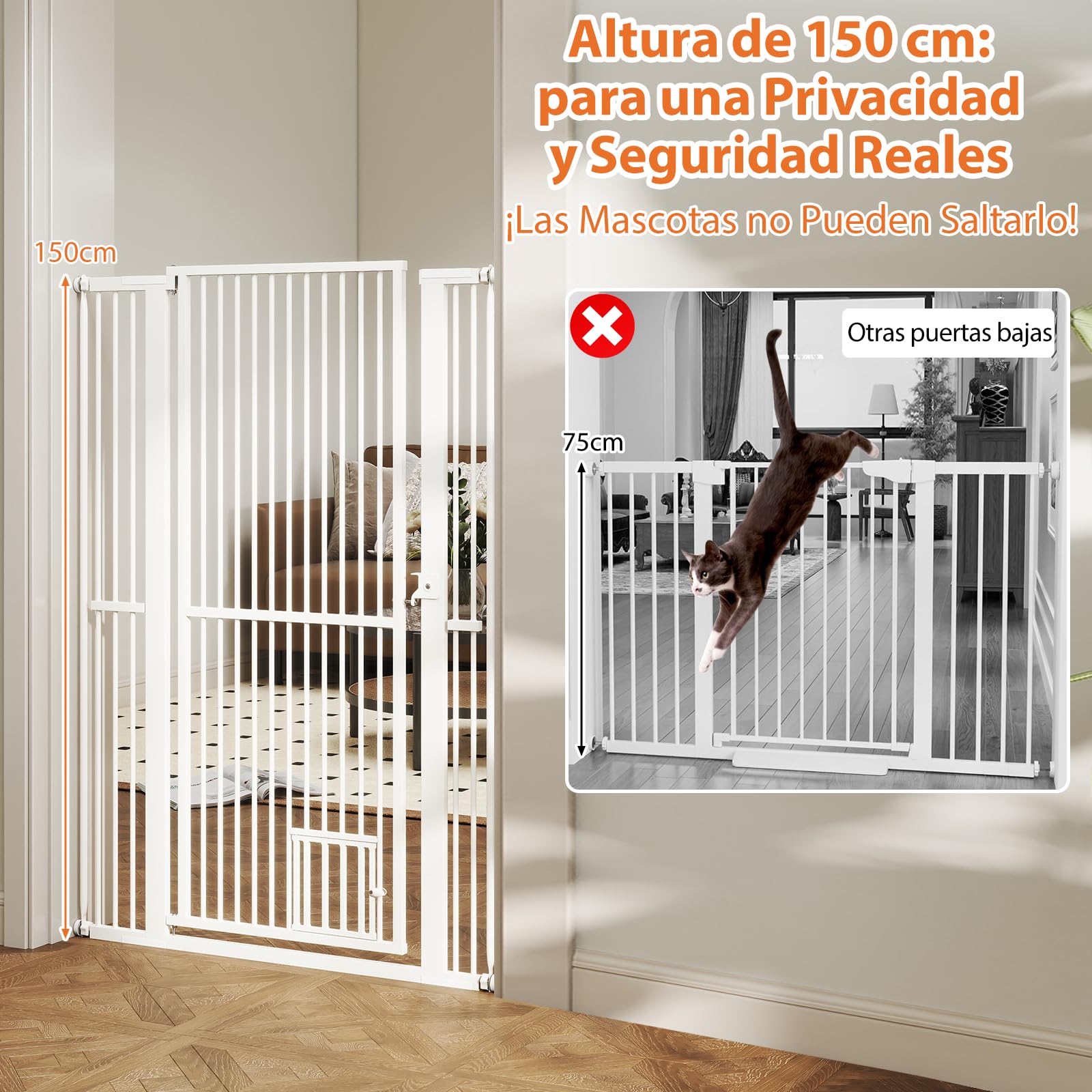 GOPLUS Barrera de Seguridad de Mascotas de Metal Ajustable, Puerta Extra Alta de 150 cm para Gatos con Ancho Ajustable de 77-104 cm, 2 Kits de Extensión, Diseño Bloqueable, Barrera para Perros
