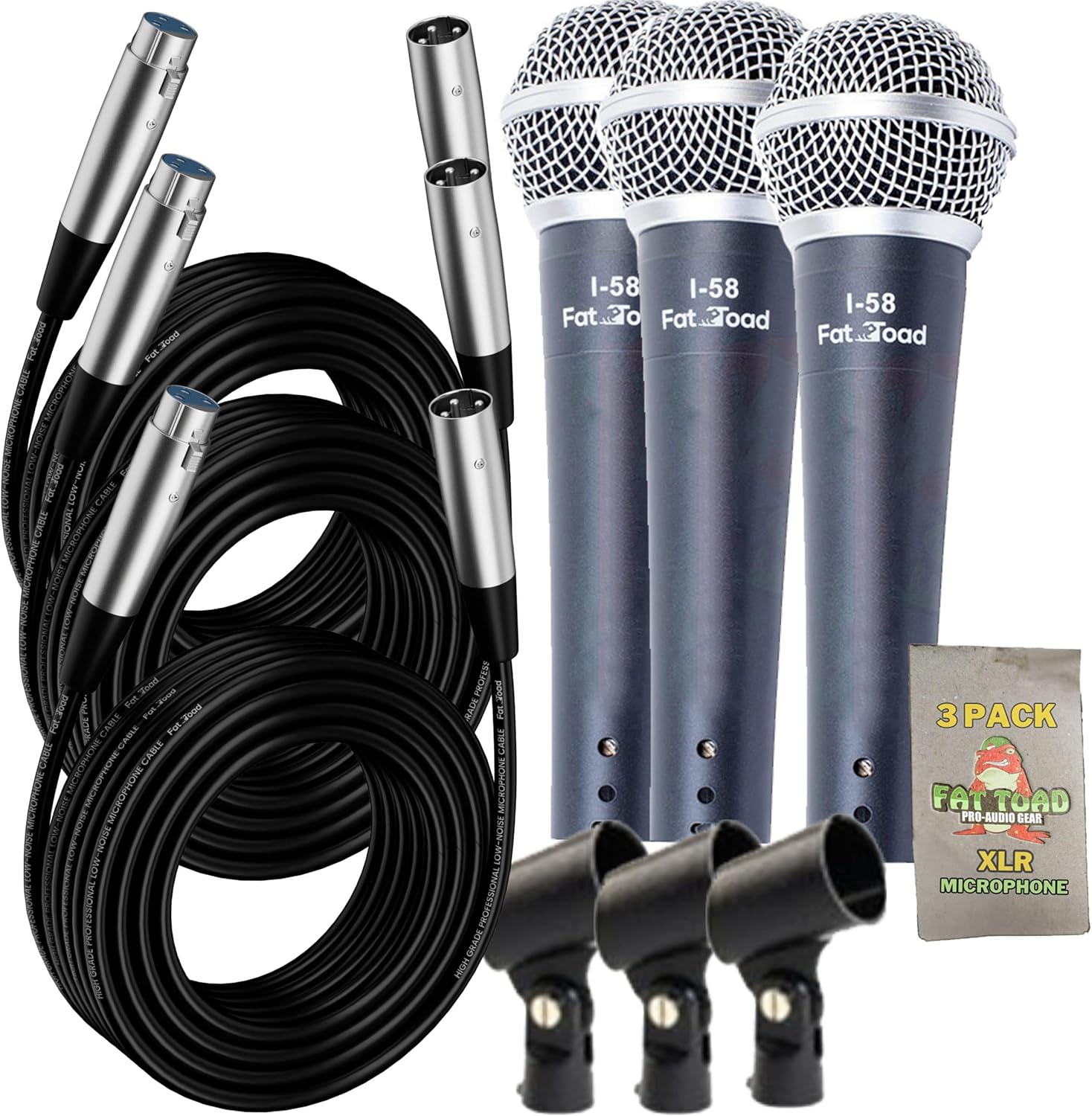 Fat Toad Vocal Microphones (Live ResponsePRO Edition) 3-Pack – Cardioid Dynamic Handheld Mics with Clips & 20ft XLR Cables for Studio, DJ & Karaoke Use