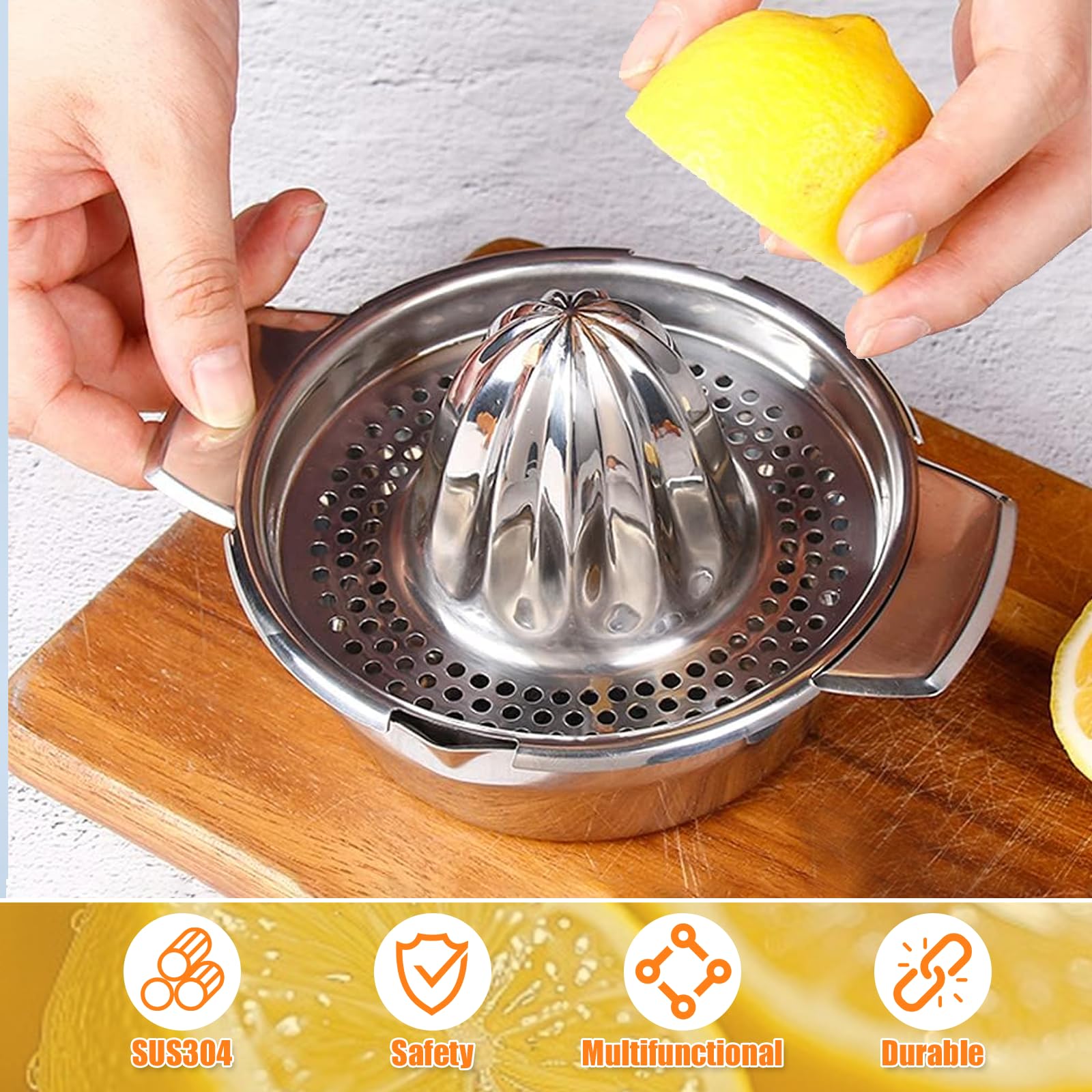 Exprimidor Manual Acero Inoxidable 304 para Cítricos, Limón, Pomelo, Naranjas, Lima (Plateado)