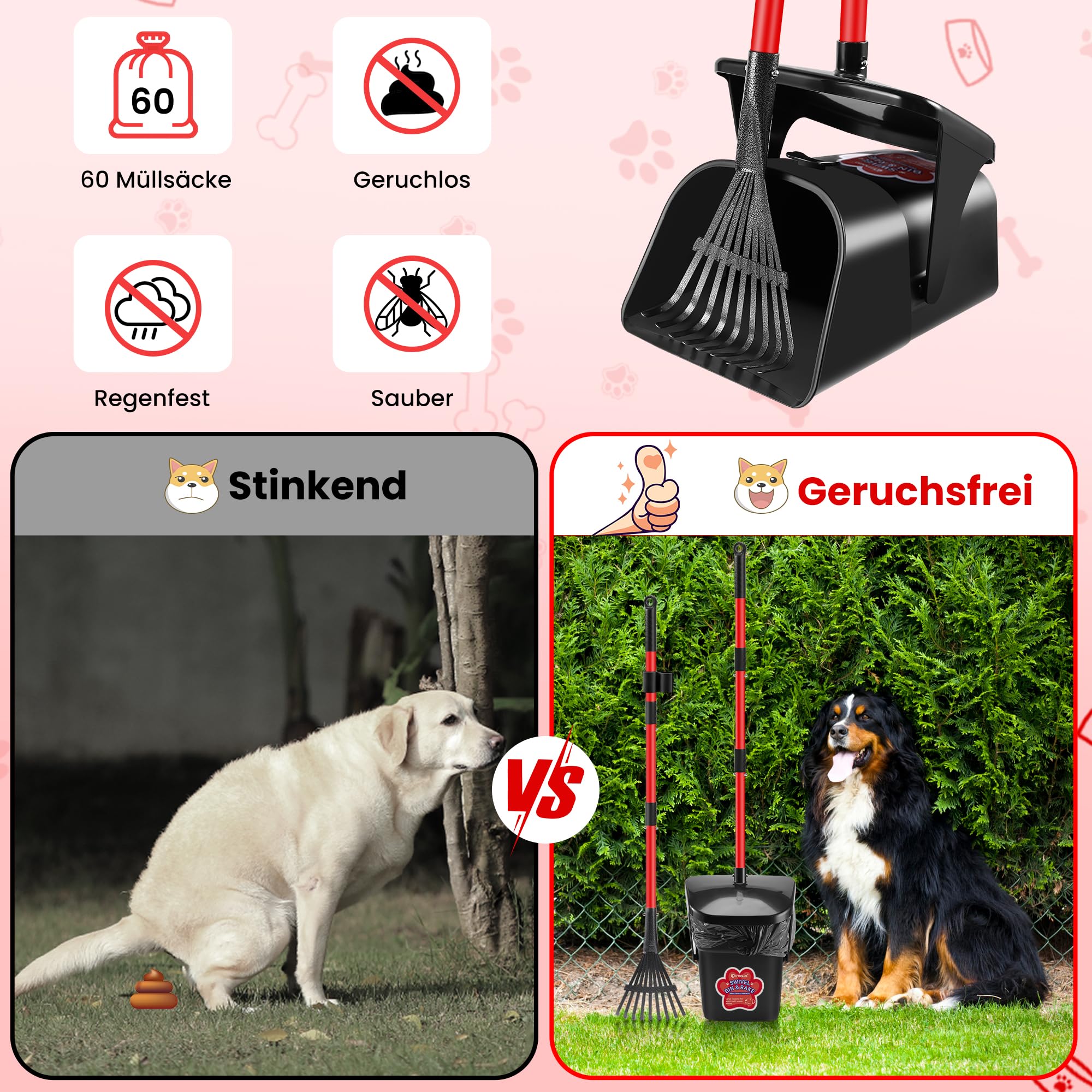 Hundekotschaufel Schwenkbehälter Und Rechen Mit 60 Hundekotbeutel, Hundekotsammler Für Große, Mittelgroße Und Kleine Hunde, Langer Edelstahlgriff Für Hof, Gras, Erde Oder Kies