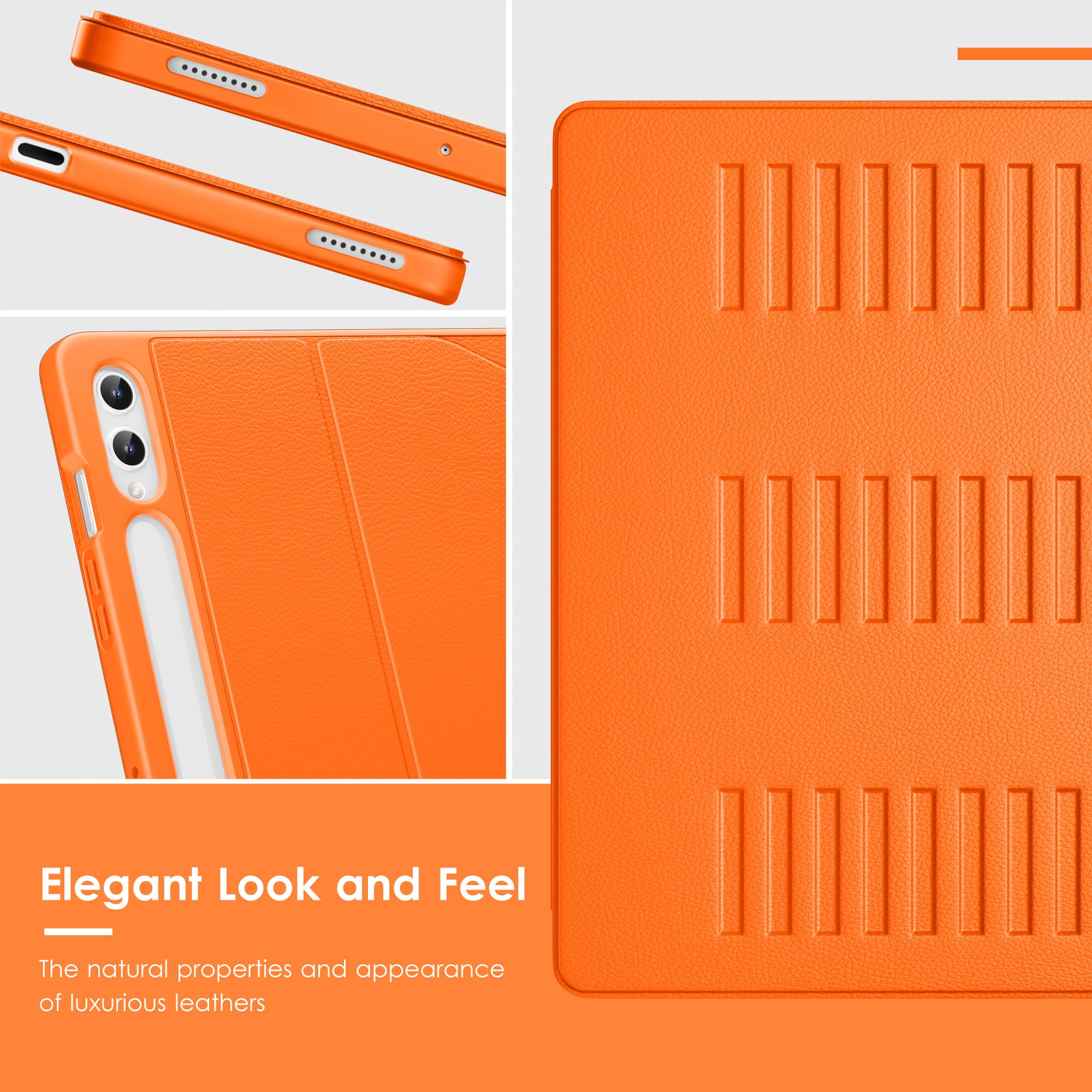 VIKESI Custodia per Samsung Galaxy Tab S10+ Plus 12,4" 2024 | Copertura con supporto multiangolare, retro morbido, portapenne, e spegnimento automatici, arancione