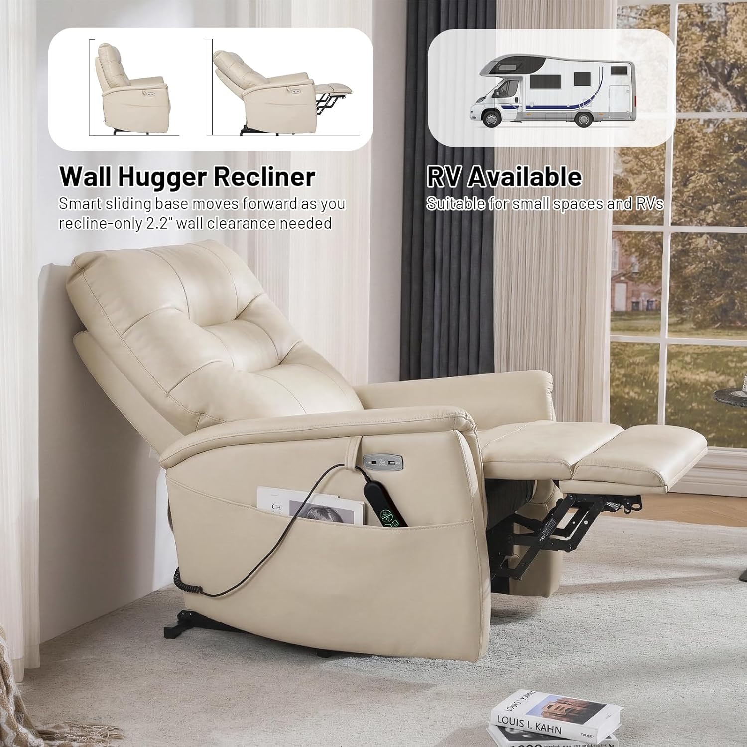 EONIX Zero Wall Power Lift Recliner for Seniors, Electric Lumbar Support Chair with Heat & Massage, USB-C & Breathable Leather (Space-Saving for Small Homes), Cream White