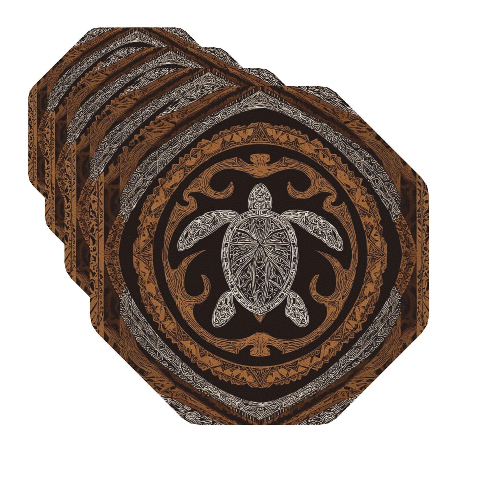 Drink Coasters Set of 4 Quick-Dry Leather Coaster Hawaiian Tapa Honu Turtle Coasters for Drinks Coffee Cup Mat Tabletop Protection Heat Resistant Coaster for Kitchen Bar Office Home Decor
