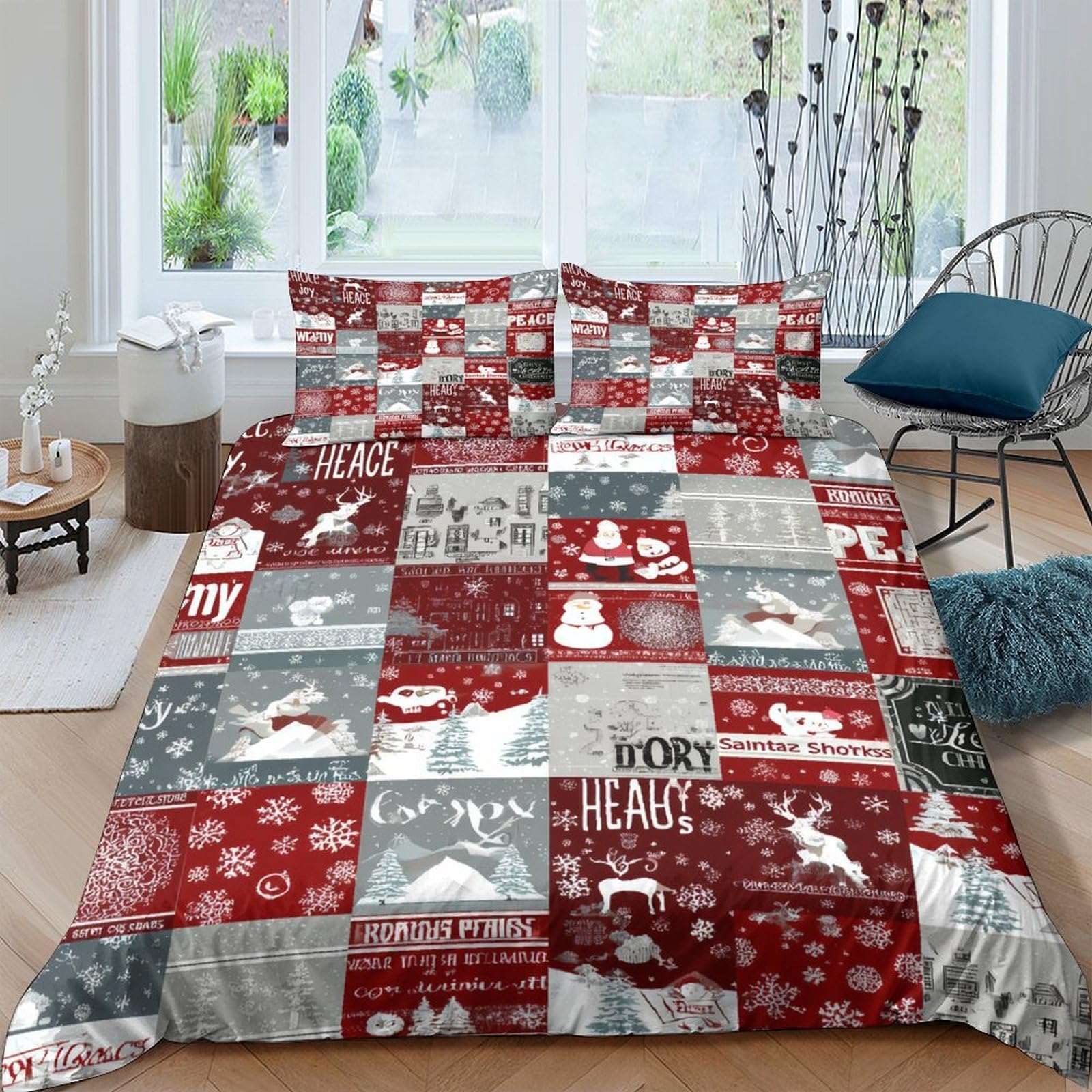 Ctjqhvkz Style-6 3D Printed Christmas Patchwork Fitted Sheet Microfiber Red Grey Winter Mattress Cover For Bedroom Guestroom Decor Single（135X200cm）
