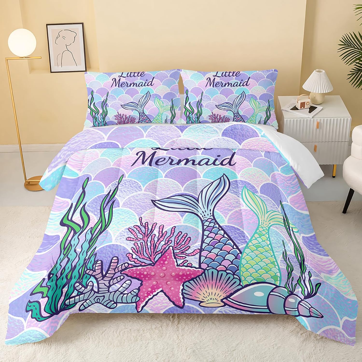 QOOMO Mermaid Comforter Twin,Mermaid Comforter Set for Kids
