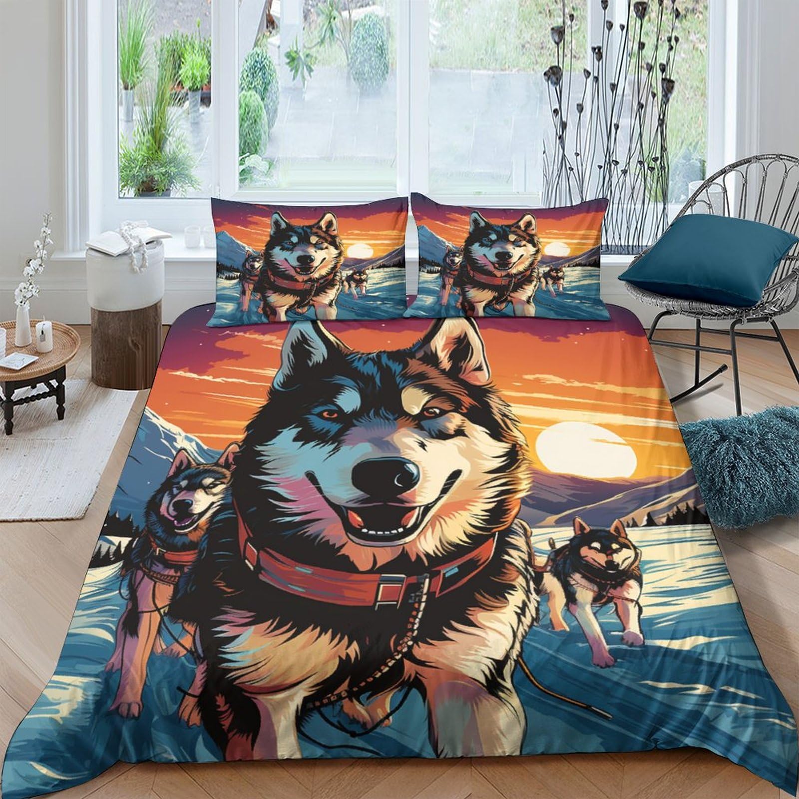 Housse de couette 200x200 motif chiens de traîneau de l'Alasaka avec taies zippées