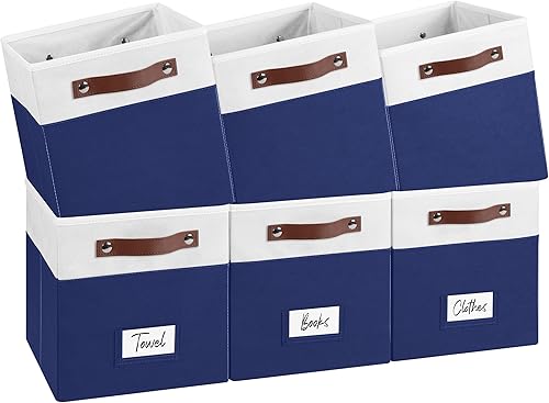 Paquete de 6 cubos de almacenamiento de tela plegables con asas y soportes para etiquetas, cubos organizadores para el hogar (blancoazul marino,