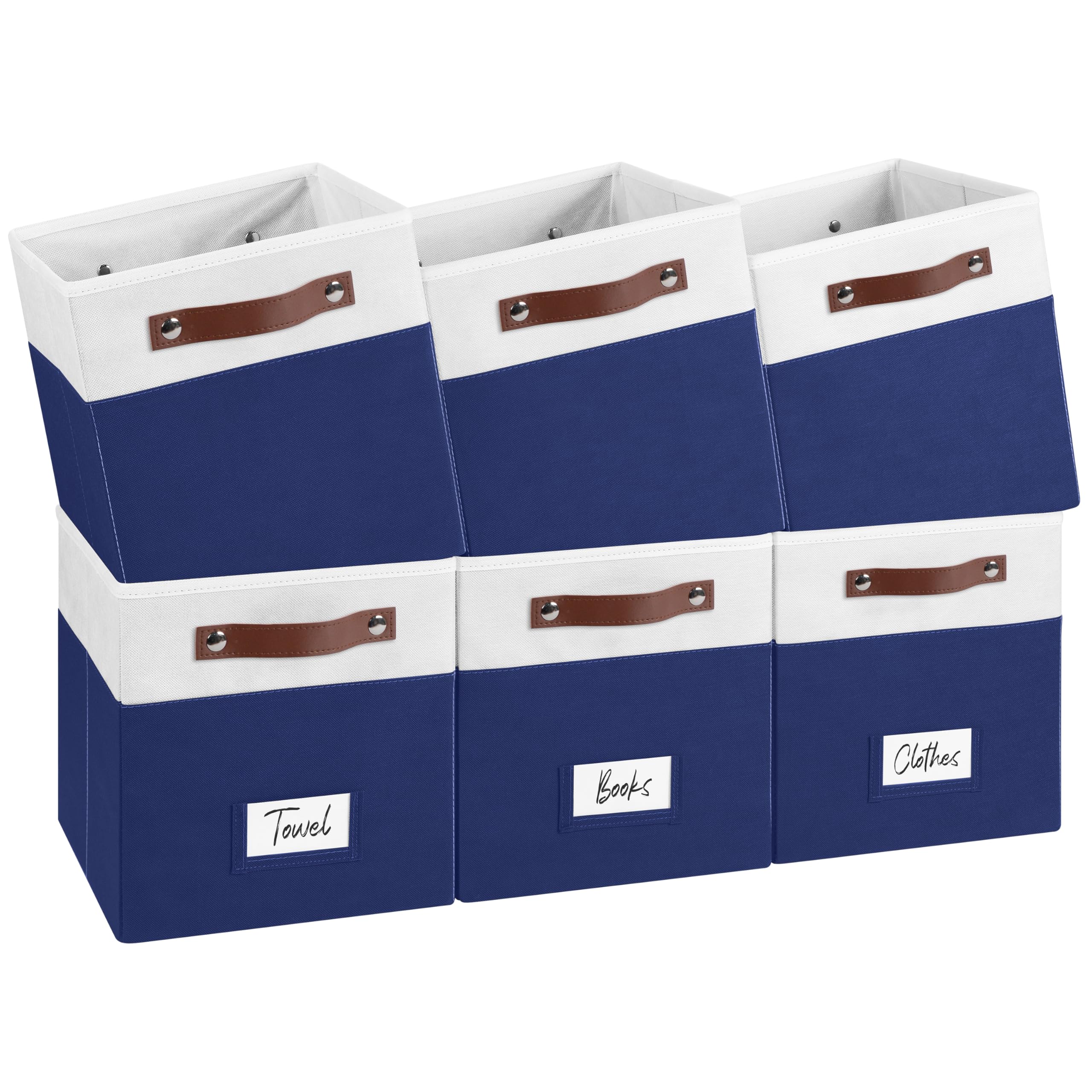 FinishingBo 6-Pack Storage Cubes with Handles & Label Holders Basket, Closet Cube Home Organizer Bins(White/Blue, 10.5 * 10.5 * 11 inch)