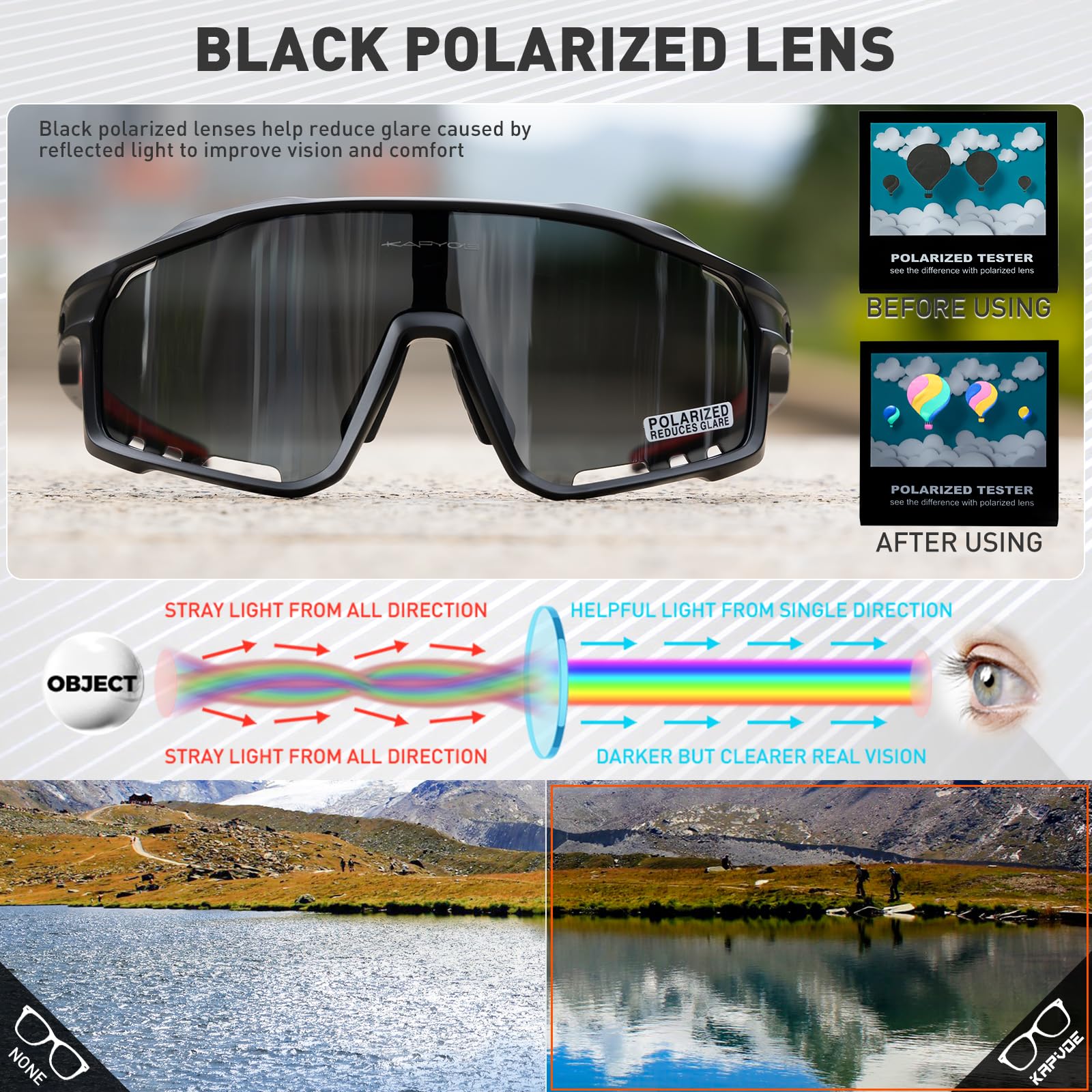 KAPVOE Gafas de Ciclismo Polarizadas Hombre Mujer MTB Bicicleta Montaña con 3 Lentes K76-3L