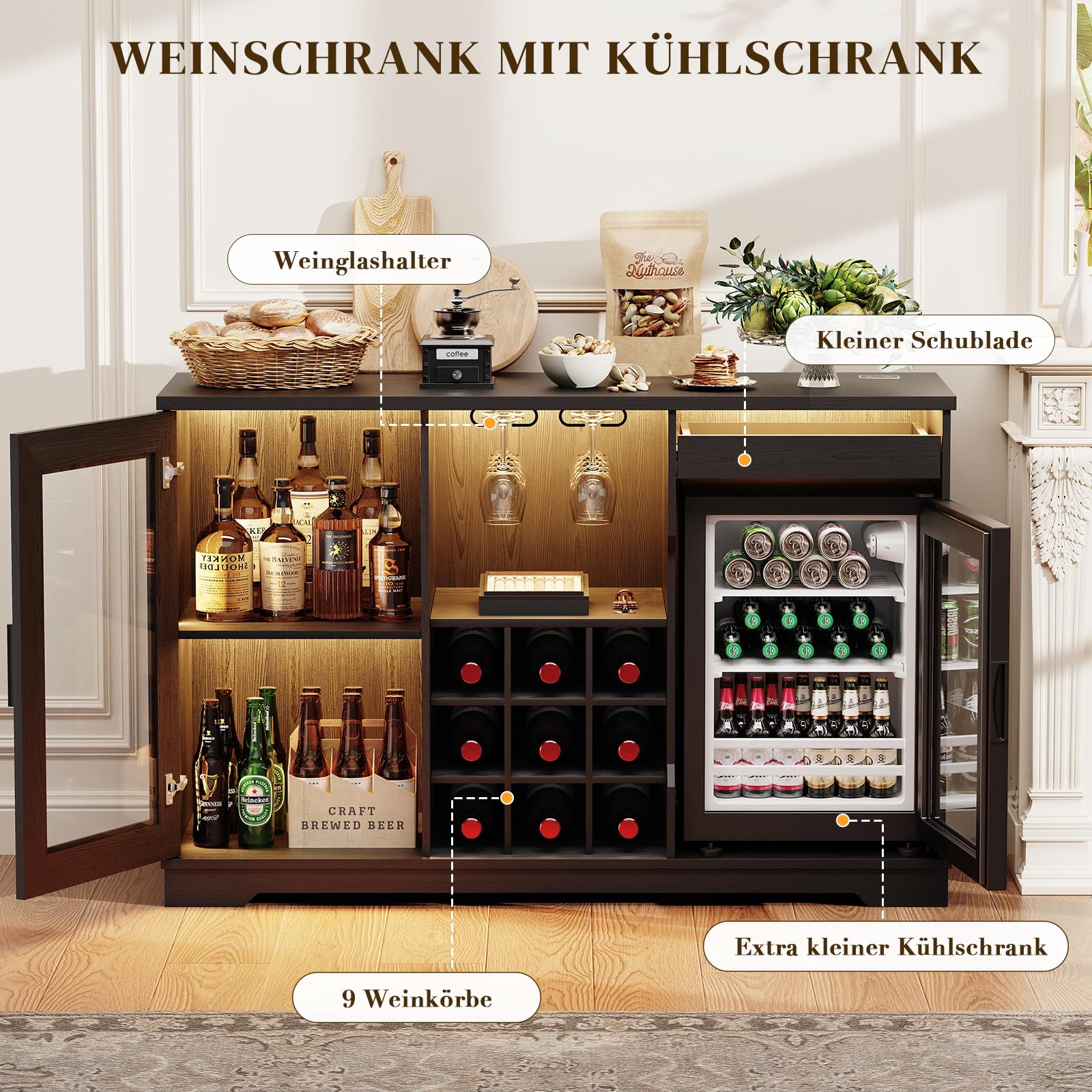 BROTTAR Barschrank mit Kühlschrank (inklusive), weinkühlschrank mit LED-Beleuchtung, Getränkeschrank Sideboard mit Bewegungssensor, Weinschrank für Wohnzimmer Küche Esszimmer (Schwarz)