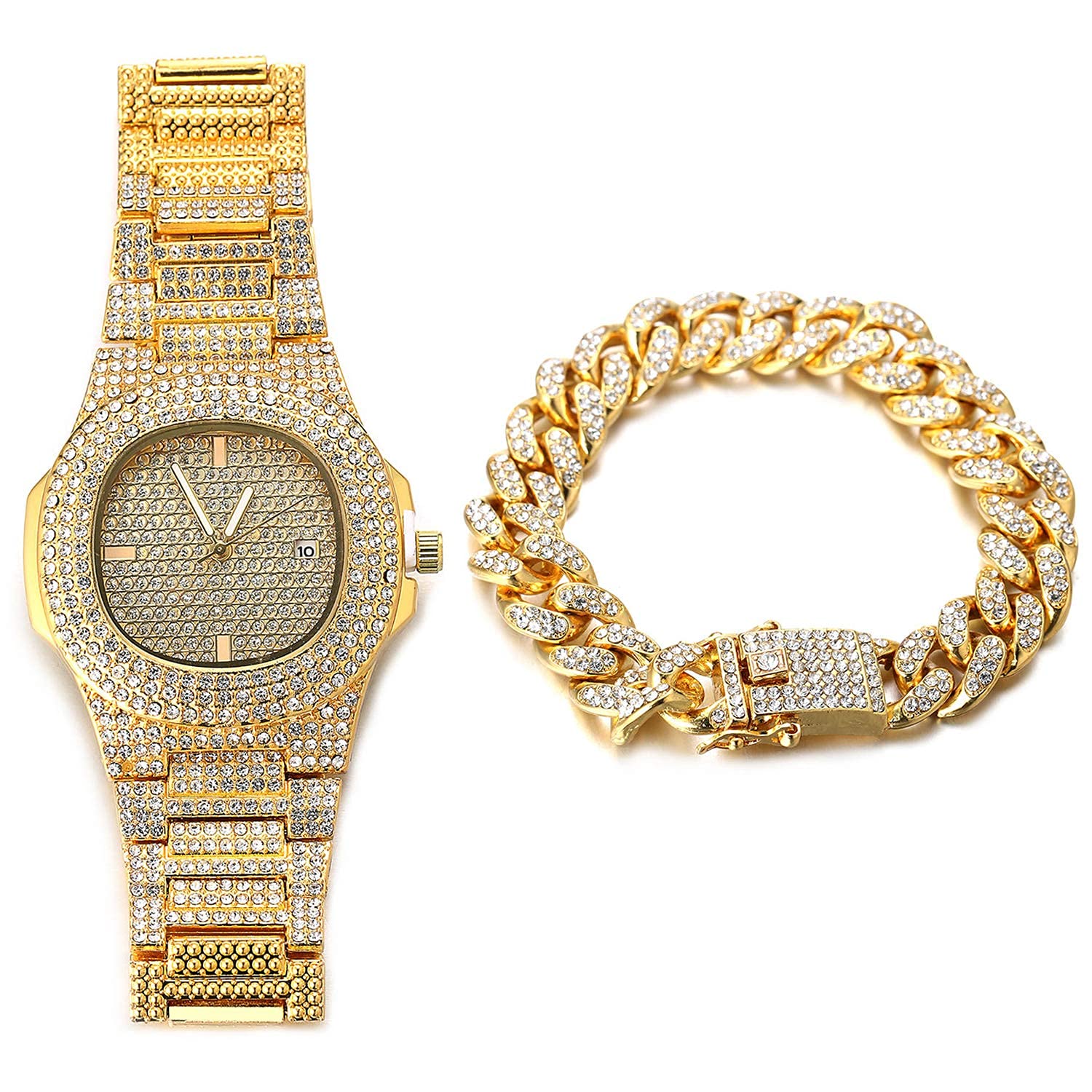 HALUKAKAH Orologio d'oro con Diamantes Iced out,Uomo Placcato Oro Reale 18k Polsino al Quarzo Cinturino a Catena Cubana 9.5,con Set di Bracciali Catena Cubana 8,Lab Diamantes,Gratuito Pacco Regalo