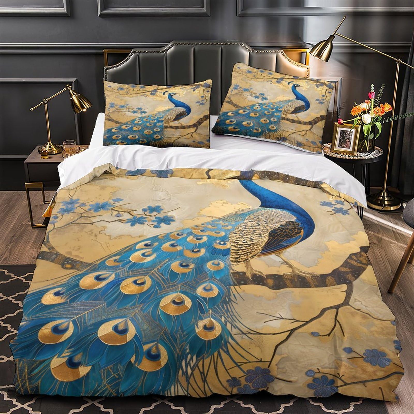 Housse de couette paon pour une ambiance de chambre asiatique zen et chaleureuse