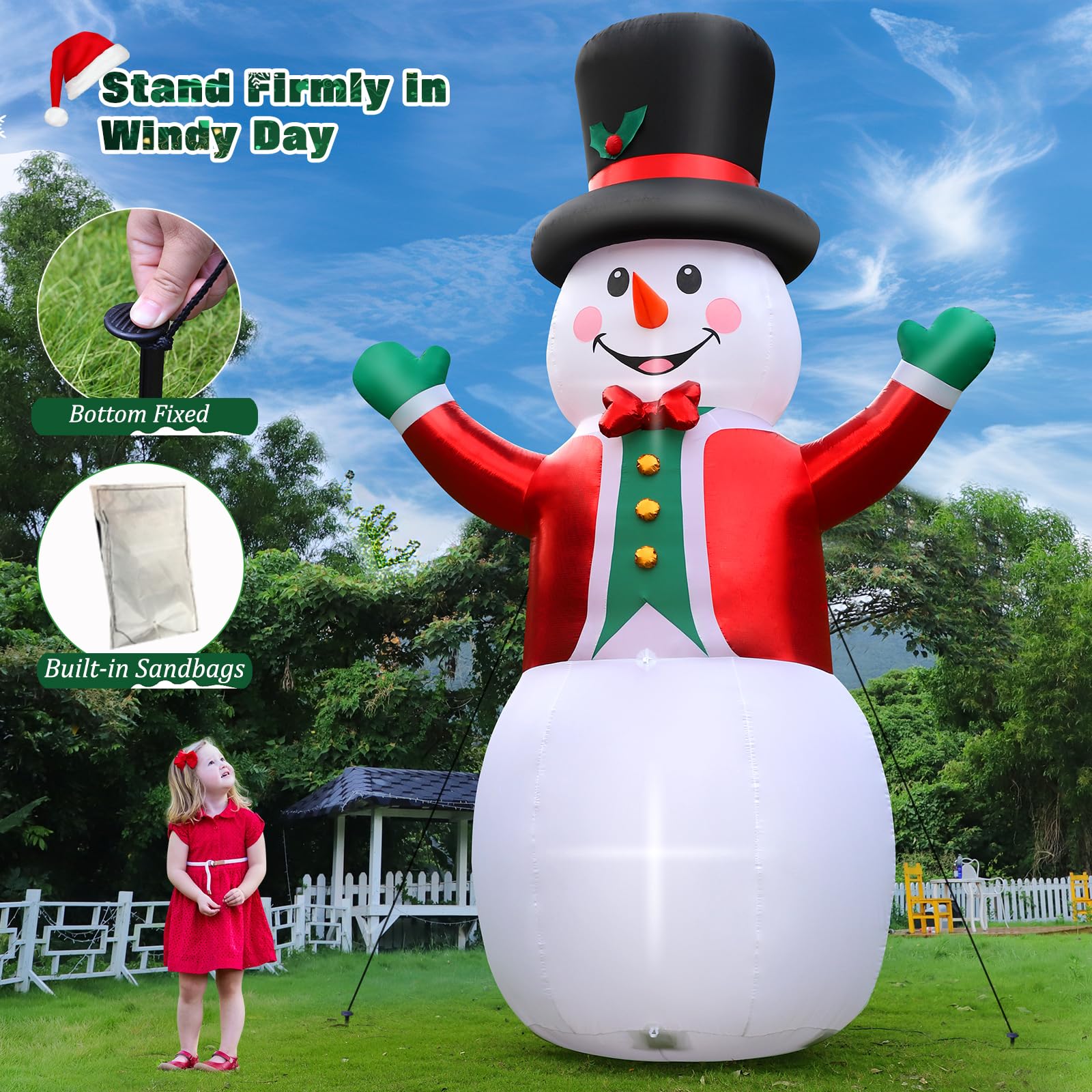 FunFanso Bonhomme de neige géant gonflable de 3,7 m - Bonhomme de neige gonflable - Chapeau magique et costume rouge - Lumières LED lumineuses intégrées pour vacances, pelouse, cour, jardin, terrasse