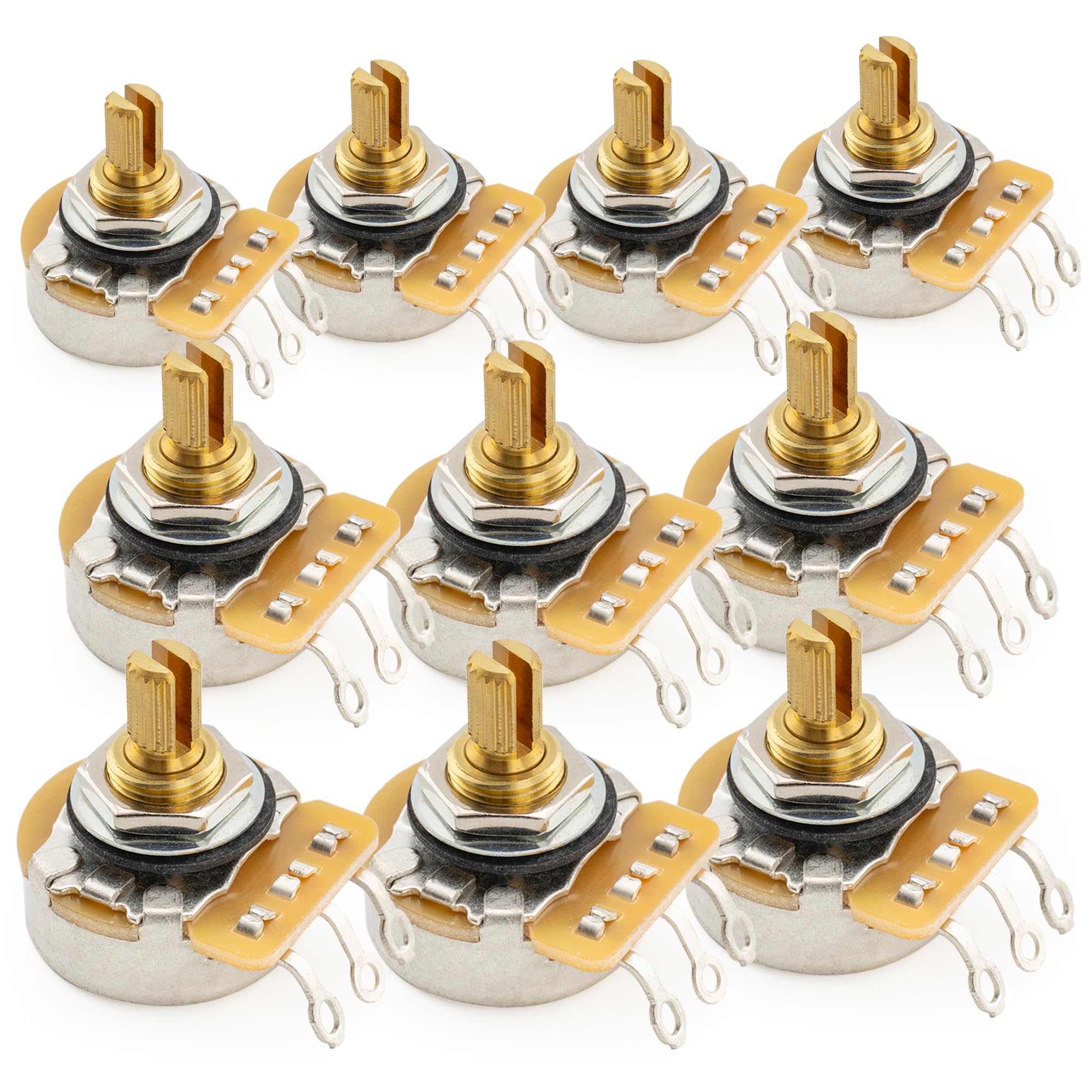 CTS 450G A250K Pots Metric Coarse 18-Spline Brass Short Split Shaft 1/4 Inch 10% Audio Taper Potentiometers for Electric Guitar Bass (Set of 10)