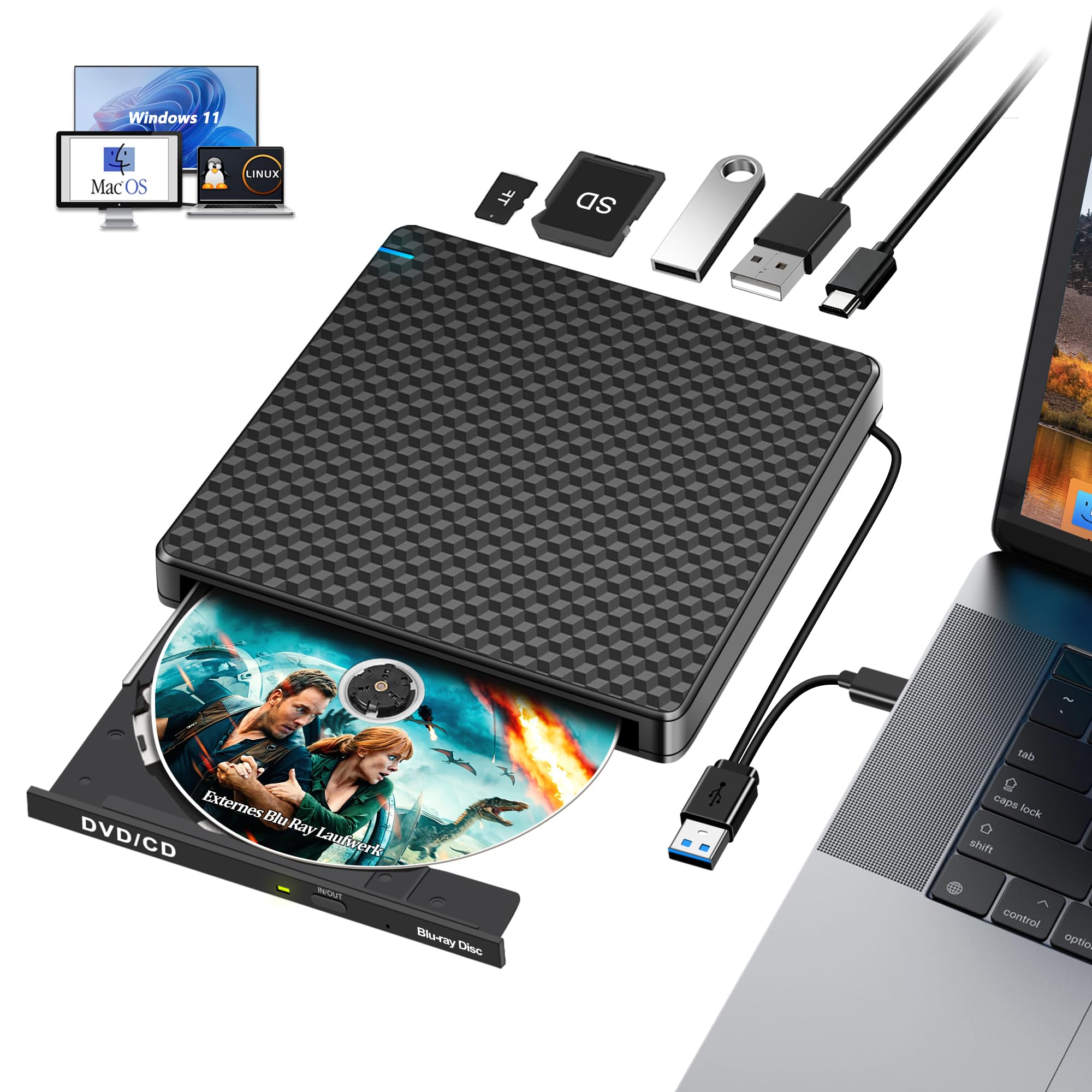 Externes Blu Ray Laufwerk: Slim Bluray Brenner Extern USB C für Laptop Mac MacBook mit SD/TF Slot USB Ports Tragbar Bluray Laufwerk Extern CD/DVD/BD Player für PC Windows 11 Schwarz