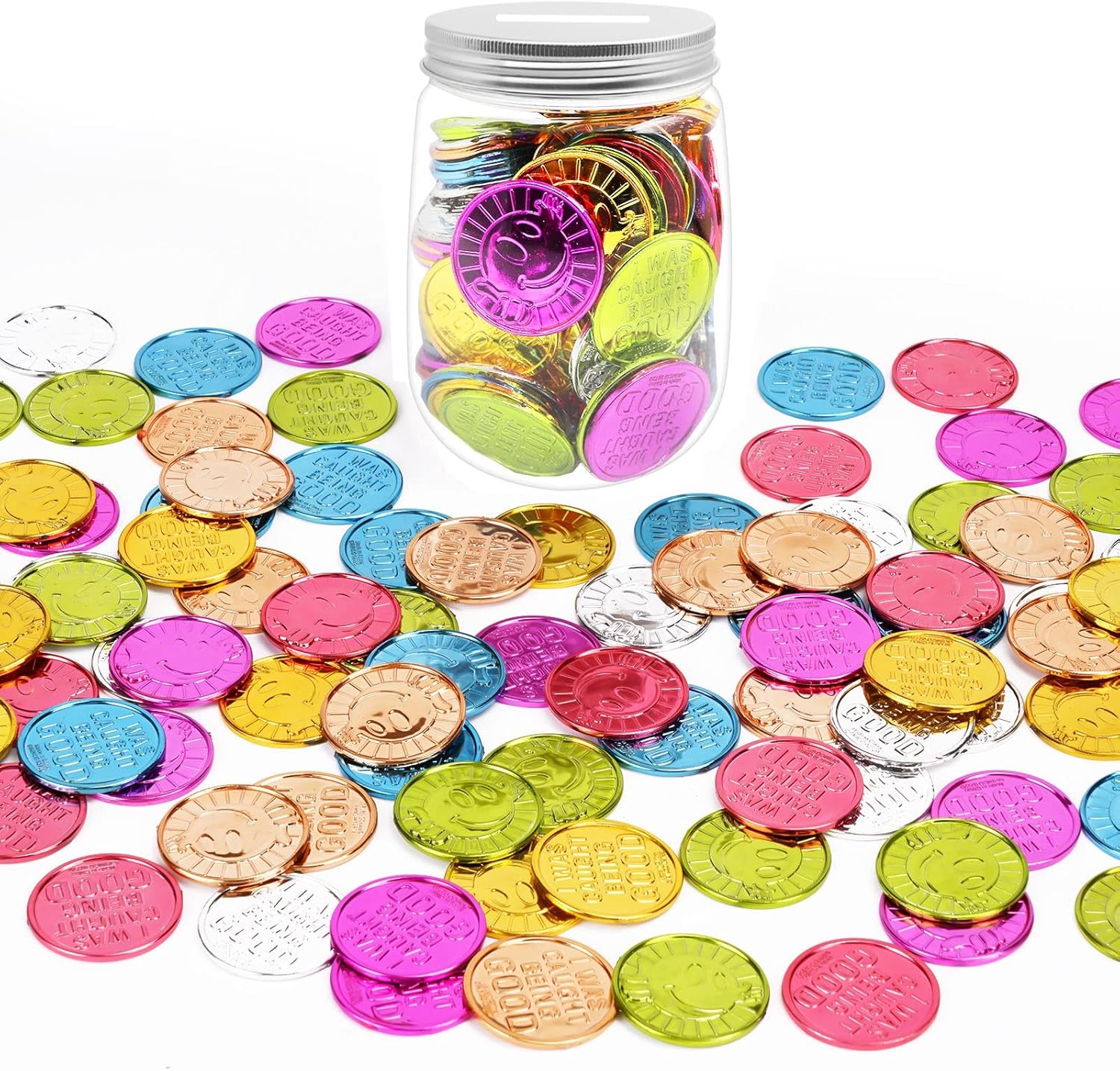 Mczxon 100 Pcs Caught Being Good Coins Tokens with Reward Jar, Colorful Plastic Reward Incentive Behavior Pretend Play Coins, Reward Plastic Play Incentive Tokens for Kids Behavior School Teacher