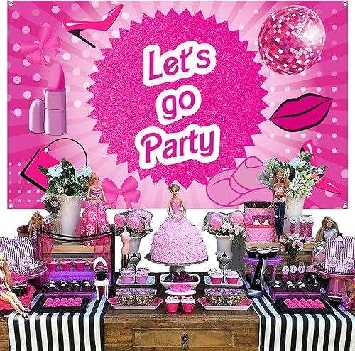 Miniatura 2 de Cartel de fiesta con texto en inglés "Let's Go" de color rosa intenso, cartel con temática de princesa, marco de fotos, fondo de fotografía para