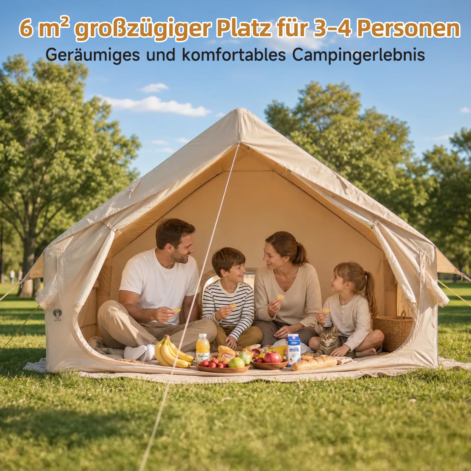 Tente gonflable avec auvent (4 à 8 personnes, beige) | Tente familiale en Oxford 210D, PU 3000 mm imperméable, UPF 30+, tente glamping 300 x 240 cm, pour camping en plein air