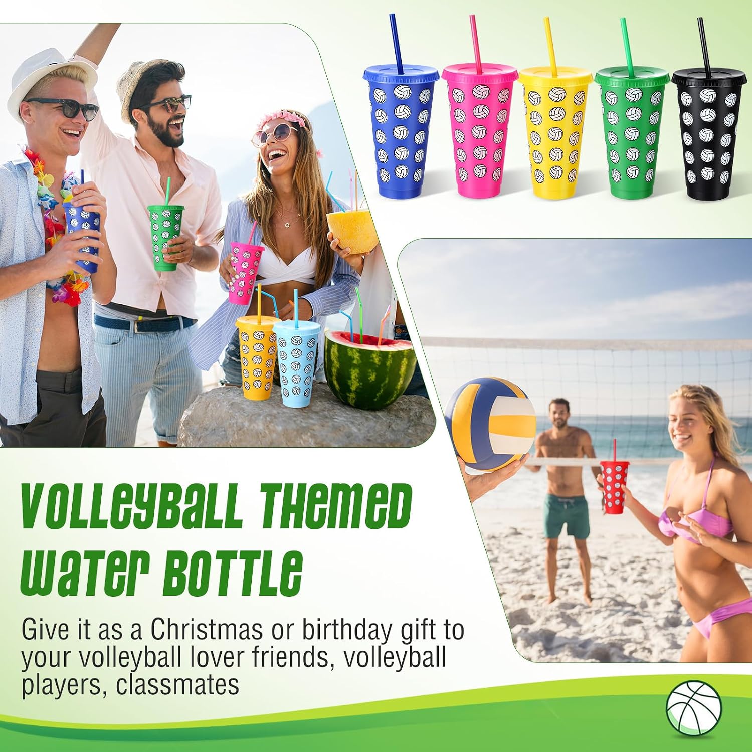 Potchen 20 Pcs Soccer Volleyball Cups with Lid Straw 24 oz,Volleyball Style | Reusable Colorful Soccer Volleyball Tumblers, Party Favors for Sports Events, Goodie Cups for Fans, Birthday Supplies
