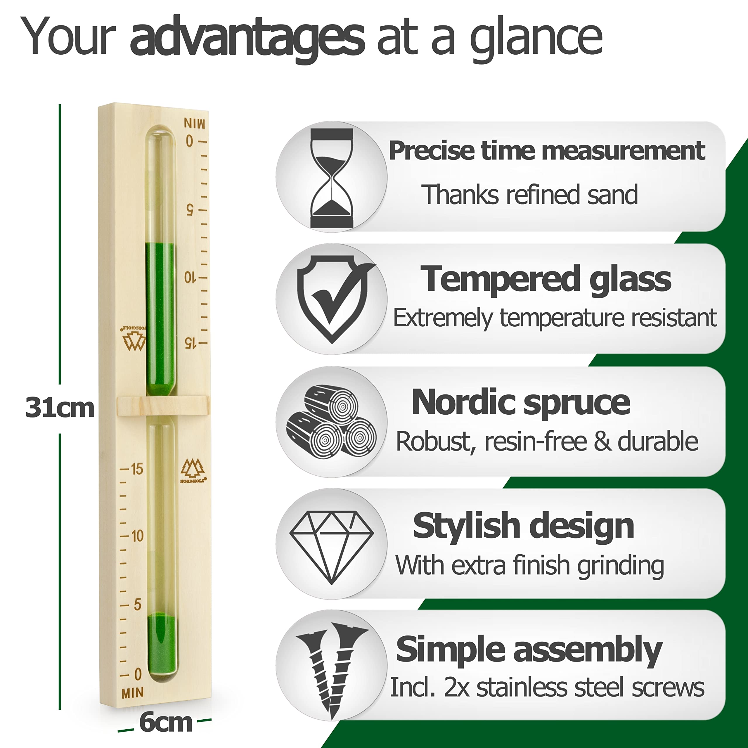Sablier de sauna de 15 minutes en épicéa 100% nordique avec verre robuste résistant à la chaleur et couleur contrastante vert foncé + 2 vis en acier inoxydable - Accessoires sauna haute qualité