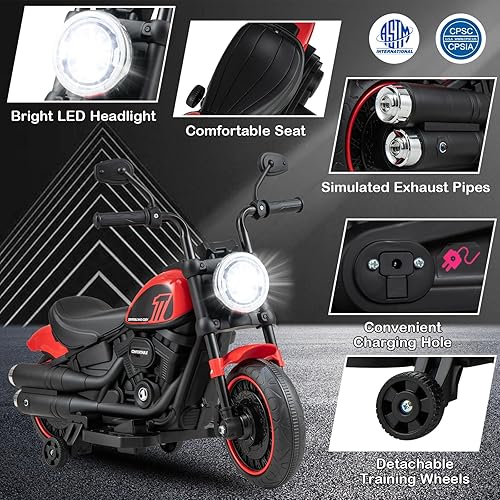 Miniatura 4 de Costzon Motocicleta para niños, motocicleta alimentada por batería de 6 V con ruedas de entrenamiento, faros LED, neumáticos roscados y arranque
