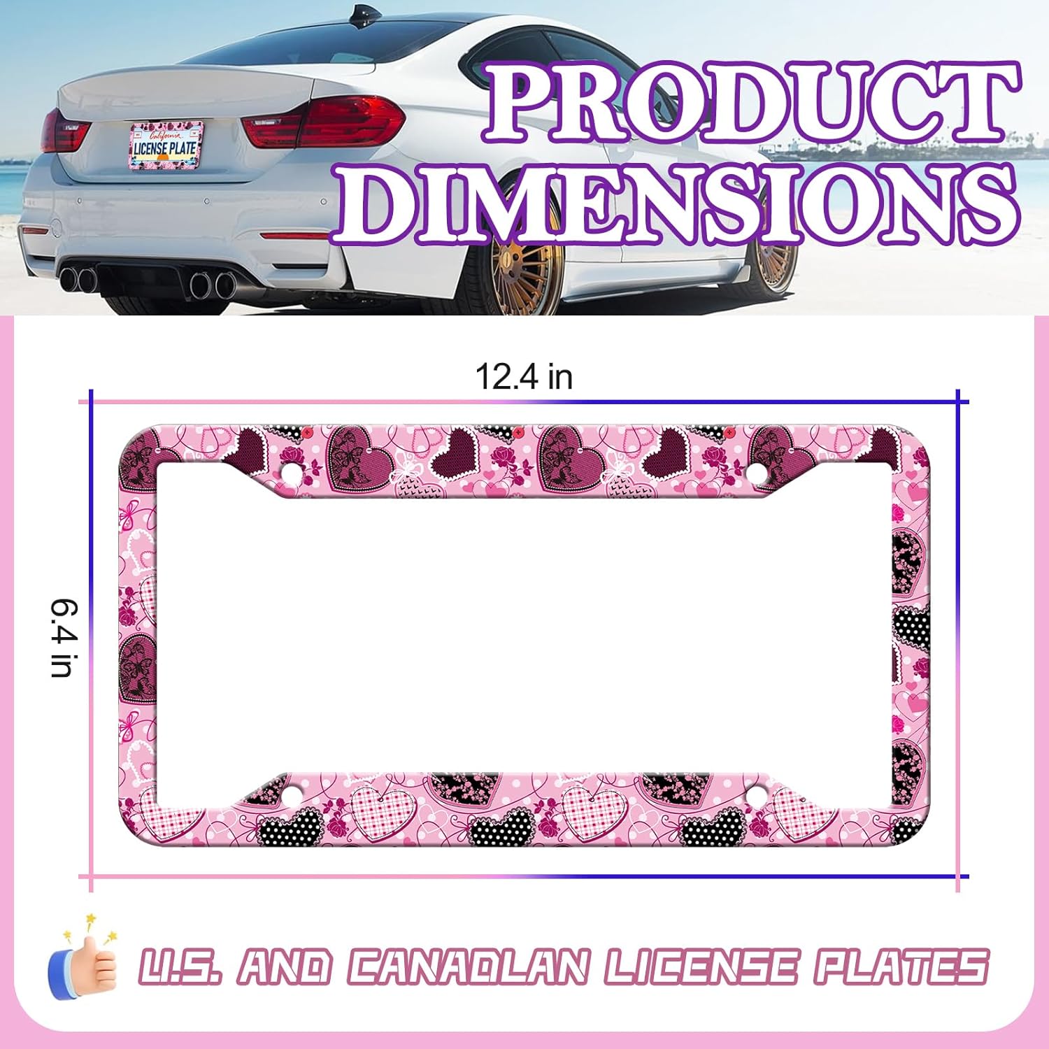 HCSS 2PCS Pink Love Heart License Plate Frames, Cute Heart Roses Print Aluminum Metal License Plate Holder, Rust-Proof Waterproof Car Decorative Tag Frames for Standard US 12x6 Inch - Image 2