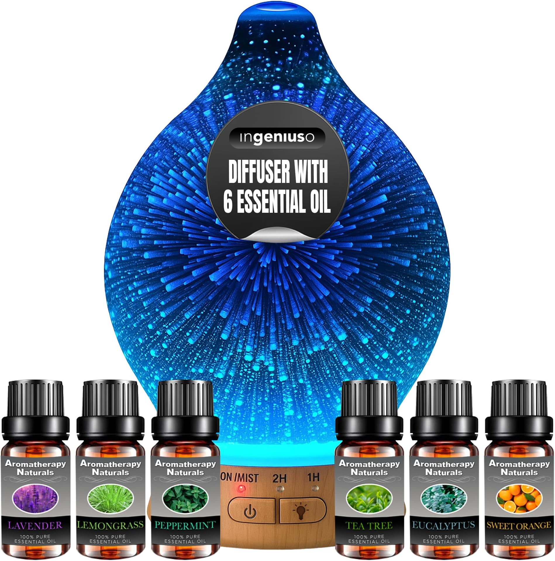 Aromatherapy Essential Oil Diffuser w/ 3D Glass Vase Cover & Colorful LED Light Display | Cool Mist Fragrance Diffuser for Bedroom, Large Room & Dorm | Auto Shut-Off Humidifier w/ 6 Essential Oils