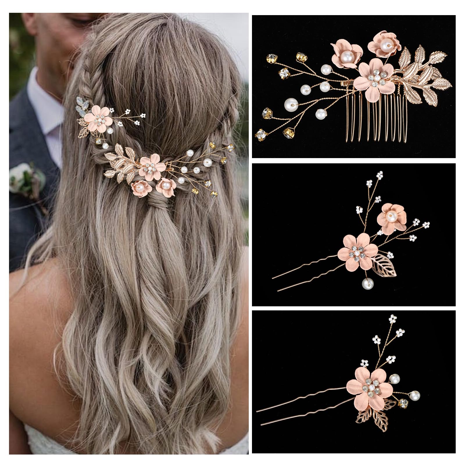 Andibro 4 peines para el pelo de novia, flores rosas, diamantes de imitación, accesorios para el pelo, perlas tocado para mujer, niña, fiesta, graduación, damas de honor, niñas de flores