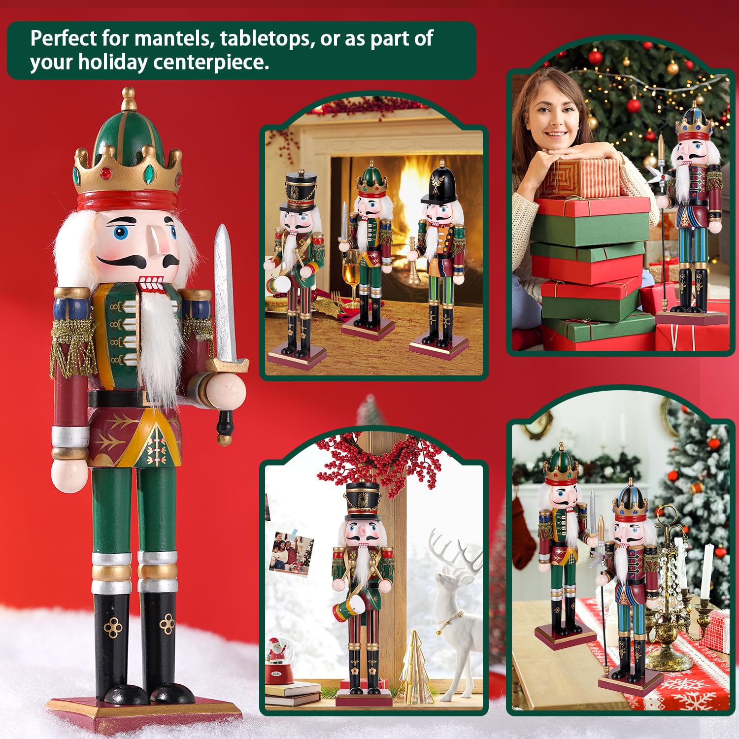 Lot de 4 décorations de Noël en bois soldat casse-noisette, figurines traditionnelles peintes de 30 cm, fête de Noël festive à collectionner pour la maison, la cheminée, le sapin de Noël