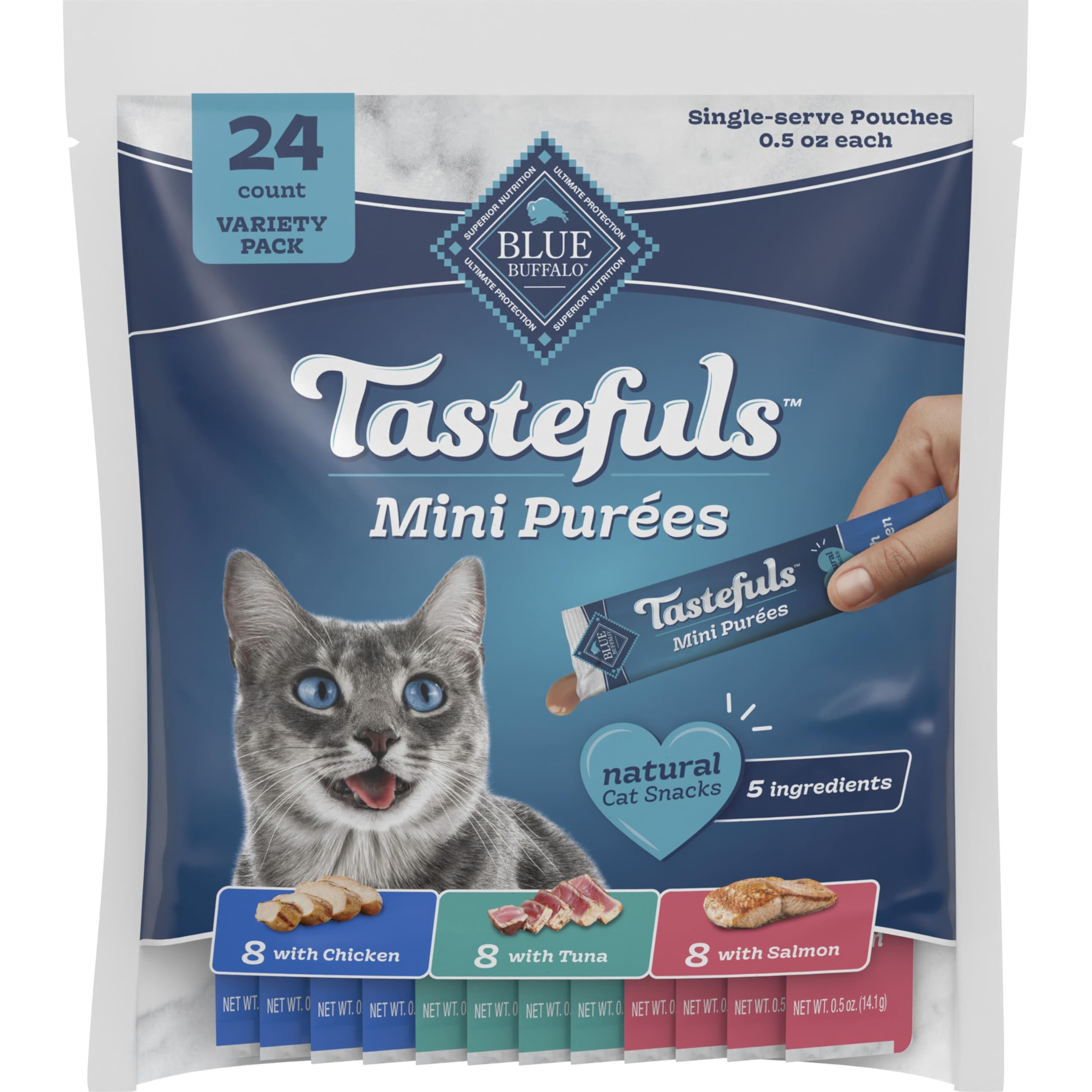 Blue Buffalo Tastefuls Mini Purées, Adult Cat Natural Single-Serving Snack, 24-Count Variety Pack Chicken, Tuna, and Salmon 0.5 oz. (Pack of 1)
