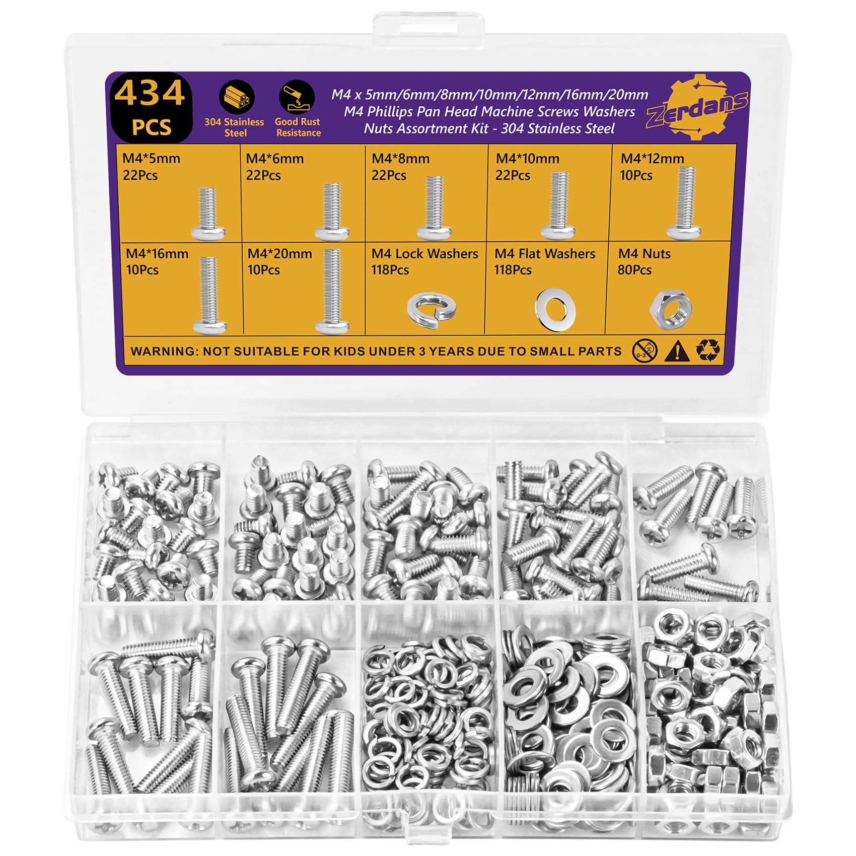 Zerdans 434PCS M4 Machine Screws Assortment Kit, 304 Stainless Steel Phillips Pan Head Metric Screws with Nuts, Flat and Spring Washers, 7 Lengths (5mm-20mm) for 3D Printing, Household Repairs and DIY