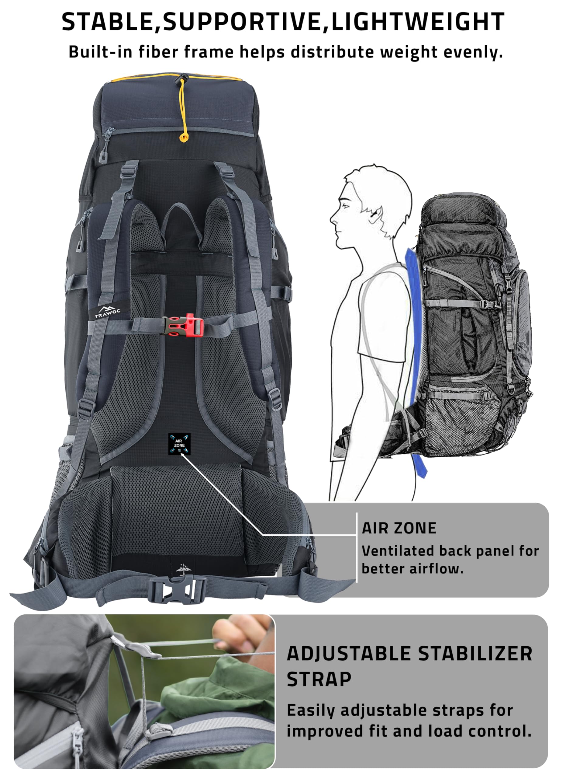 TRAWOC VALOR MAX 75 Ltr Travel Backpack Camping Hiking Trekking Bag Rucksack for Men & Women with Rain Cover/Shoe Compartment, Grey, 3 Year Warranty 2