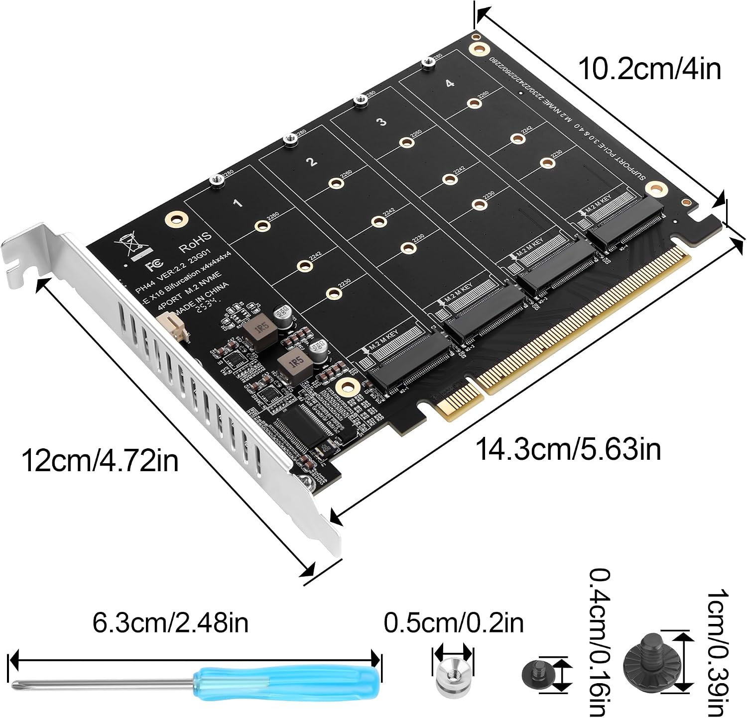 PCIe 4.0 x16 to 4 Port M.2 NVMe SSD Adapter Card, PCIe Bifurcation RAID Controller, 4x 64Gbps Full Speed, Supports 4x NVMe SSD with Individual LED Activity Lights & Soft RAID for Windows 10/11