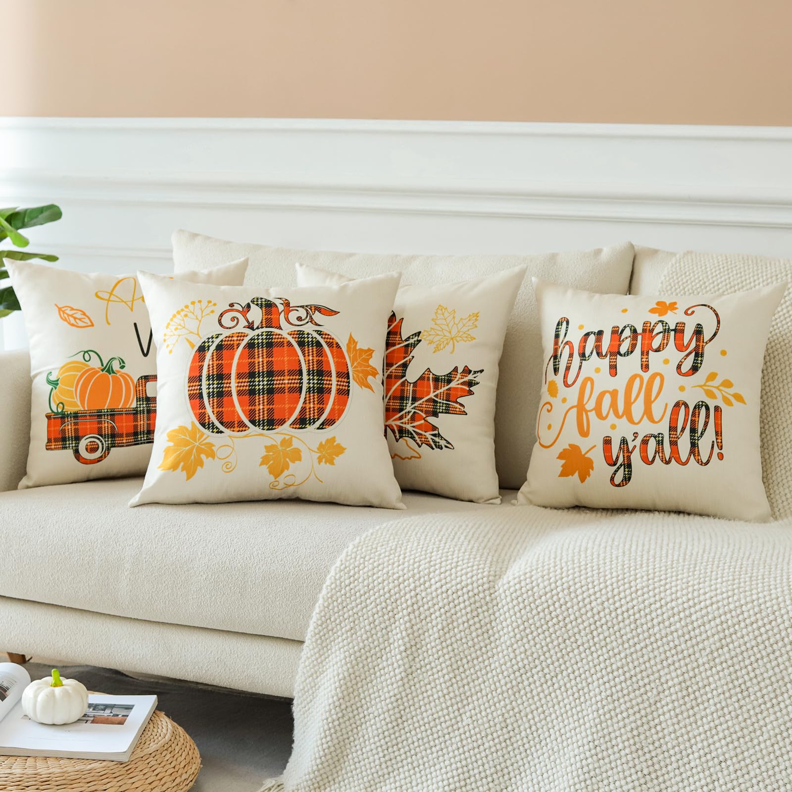 Artscope Federe Per Cuscini Divano 45x45 Cm – Set Da 4 Tema Autunno/Foglia D'Acero/Zucca – Cotone Lino Con Cerniera Nascosta