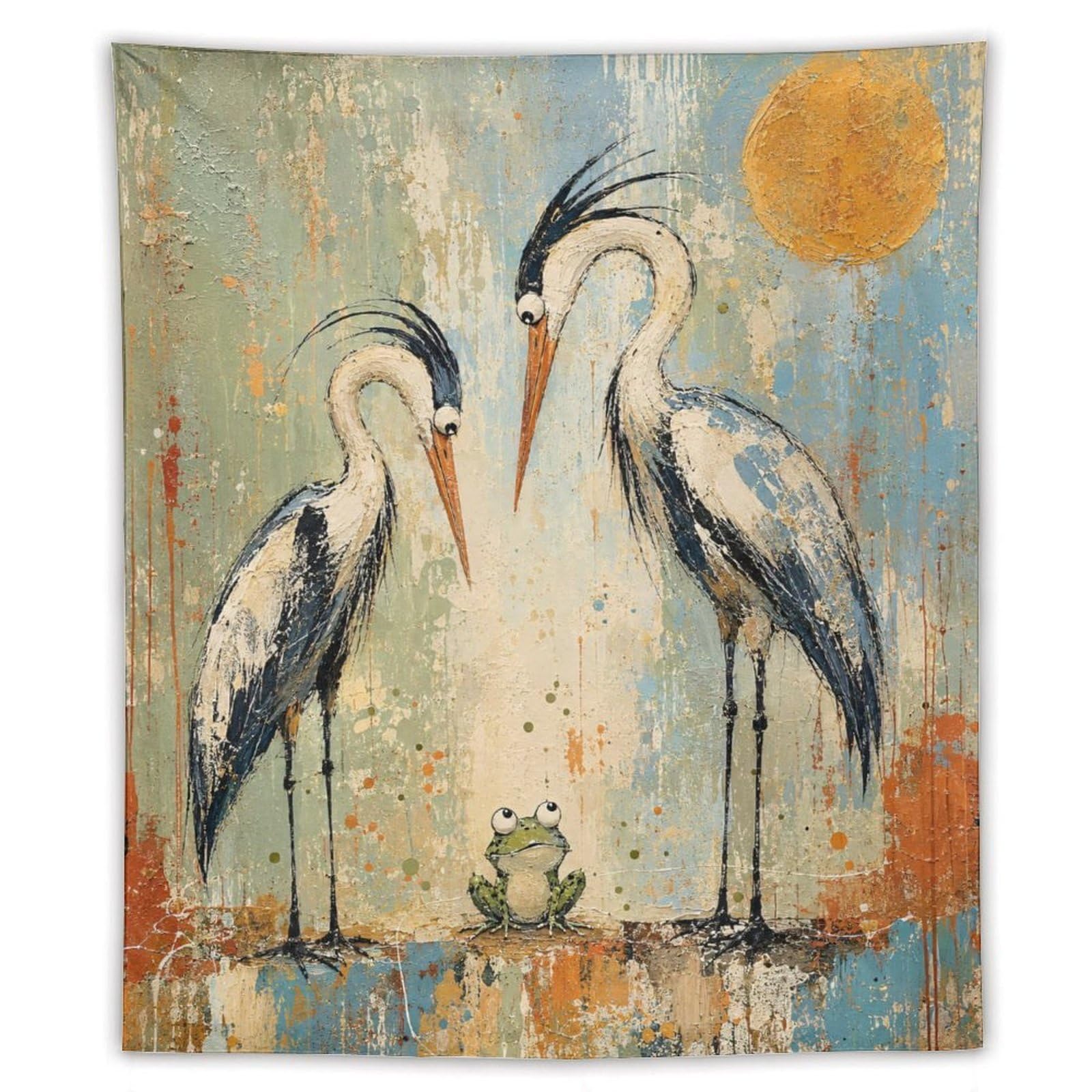 H3B8U2Y5 Cranes with Frog Wall Tapestry, Asian Ink Style, Living Room
