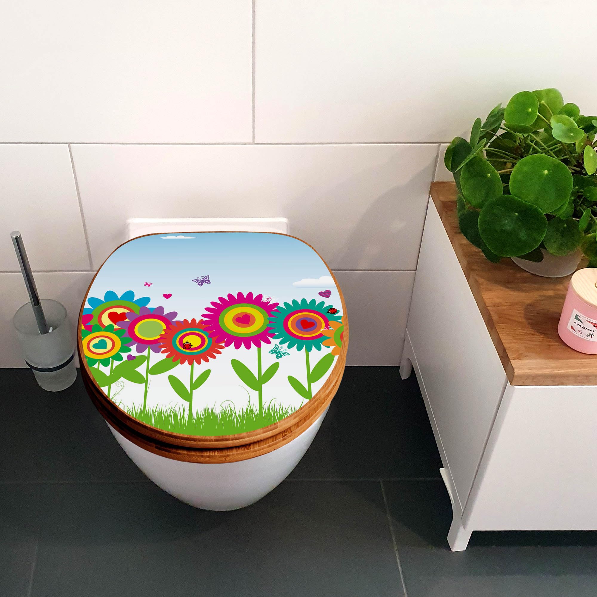 banjado Design WC Sitz Bambus Absenkautomatik 45,8x37,5cm - Toilettendeckel mit Absenkautomatik Holz - hochwertiger Bambus Klodeckel - WC-Sitz für gängigen Toiletten - Motiv Bunte Blumen