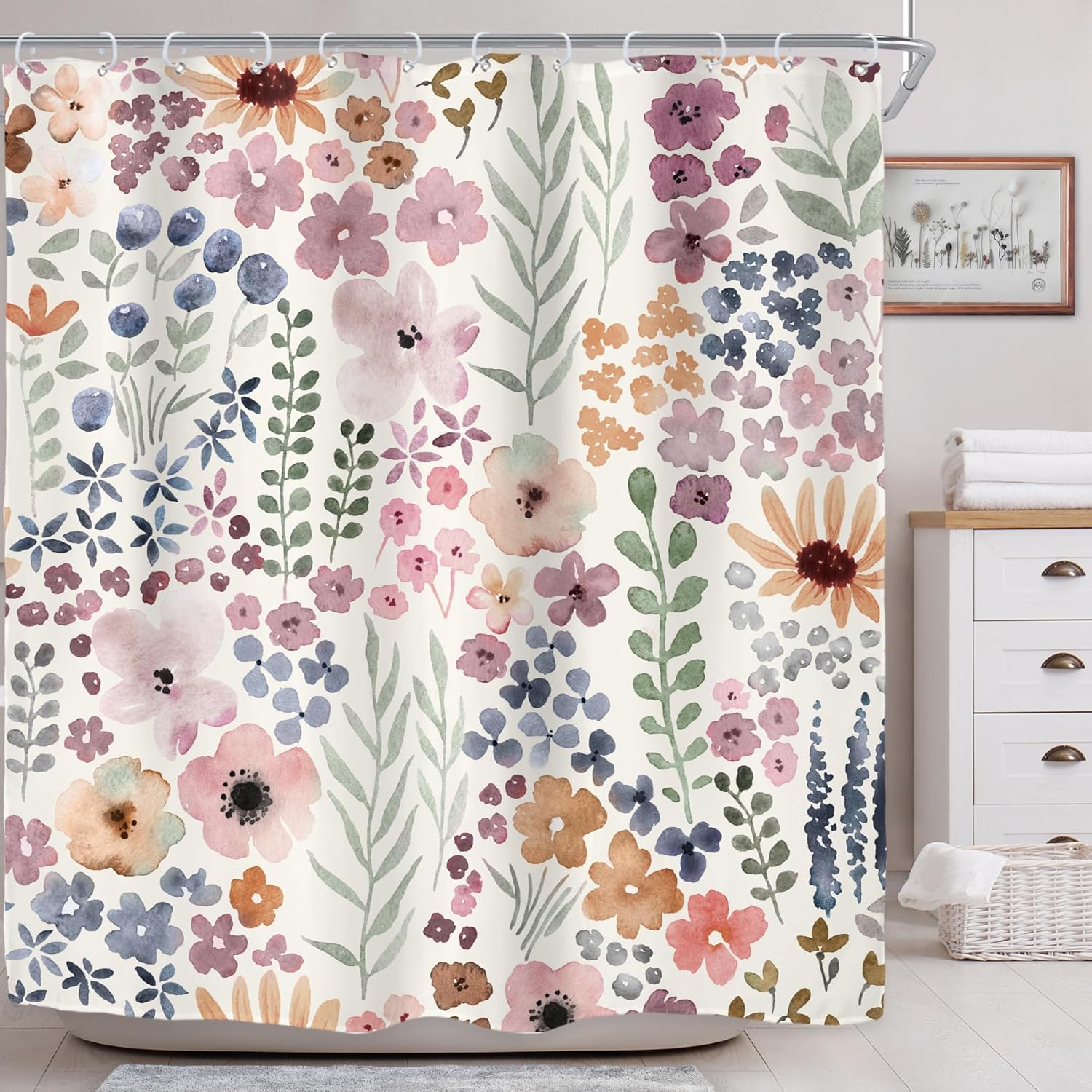 Riyidecor Cute Floral Flower Shower Curtain for Bathroom Decor 72Wx72H Watercolor Spring Botanical Plant Rustic Nature Herbs Grey Gray Art Printed Fabric Polyester Waterproof 12 Pack Plastic Hooks