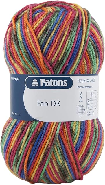 Patons Fab DK Kitting/Crochet Yarn Double Knitting Wool 100g Balls and 100% Acrylic Machine Washable & Tumble Dry Yarn - 44 Colours in The Range - Colour 2085 - Rainbow - 1 x 100g Ball