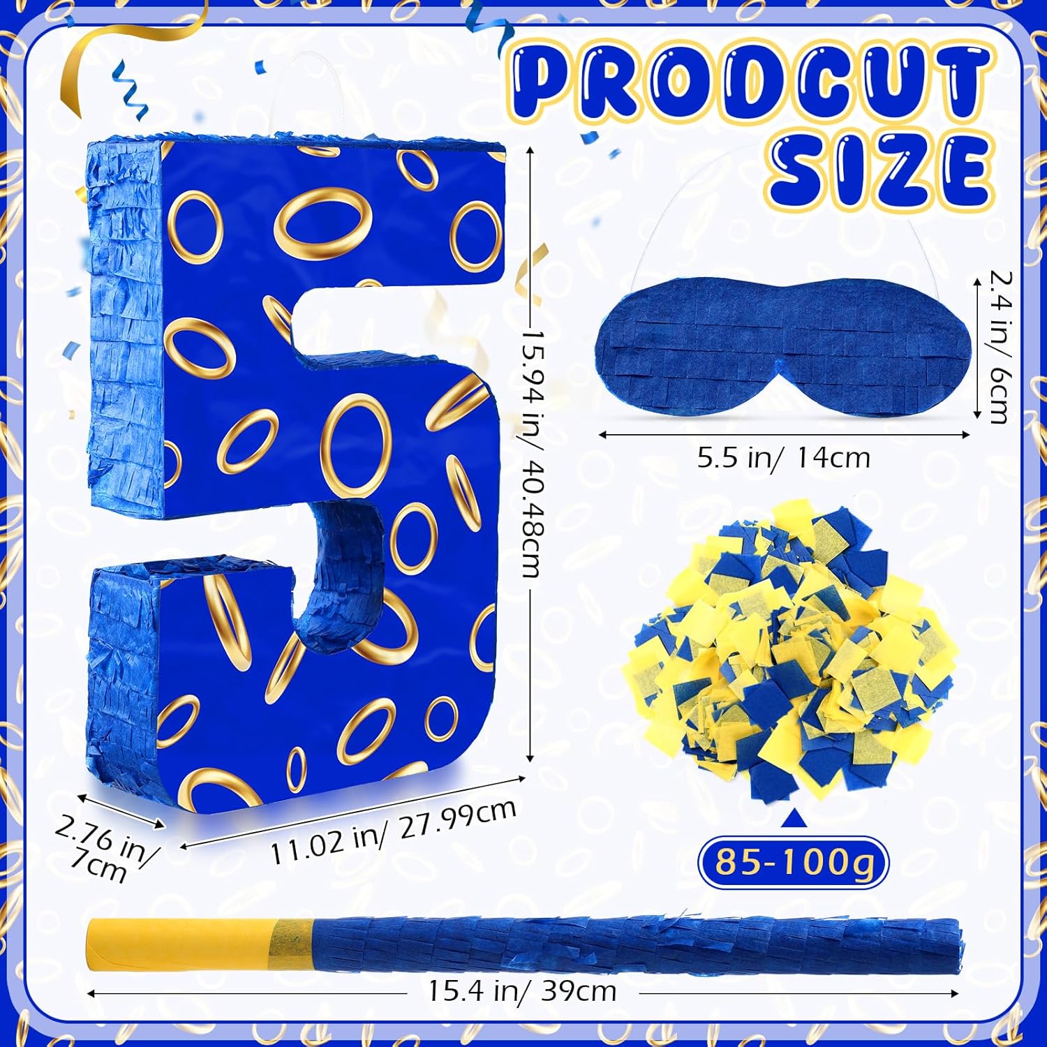 Simgoing Number 5 Blue and Golden Rings Piñata for Kids Birthday Cartoon Theme Small Piñata with Blindfold Stick Confetti for Fiesta Cinco De Mayo Party Decor, 15.8 x 11 x 2.8 Inch