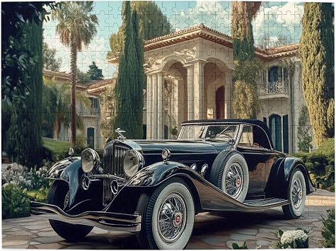 Classic Cars in The Courtyard, 500 Piece Adult Wooden Jigsaw Puzzle, Wooden Jigsaw Puzzle, Vintage Car Adult Wooden Jigsaw Puzzle, Jigsaw Puzzles for Car Culture Enthusiasts