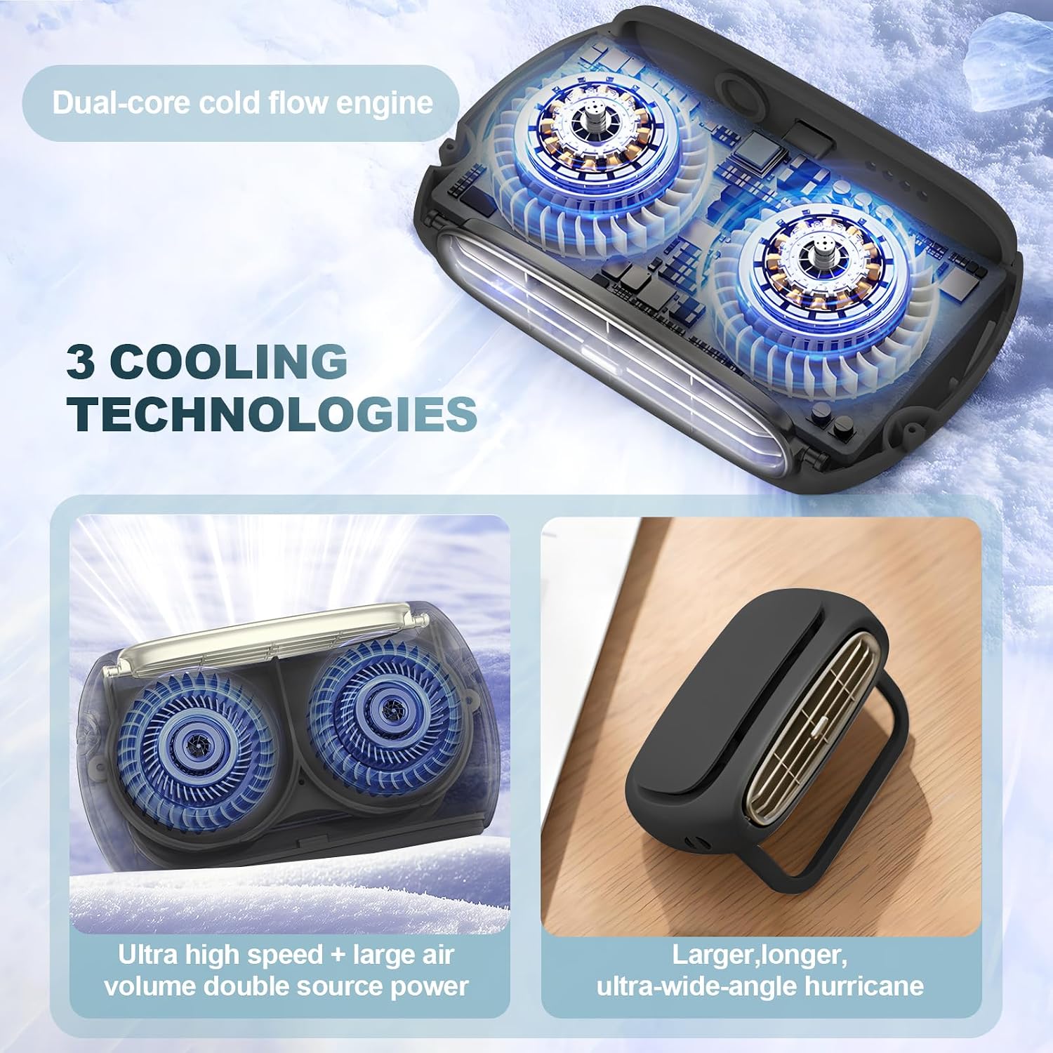 Portable Neck Fan, 3 in 1 Personal Cooling Fan, 4 Speed Rechargeable, Handheld Desk Wearable Fan with Lanyard for Travel Office Outdoor, Black