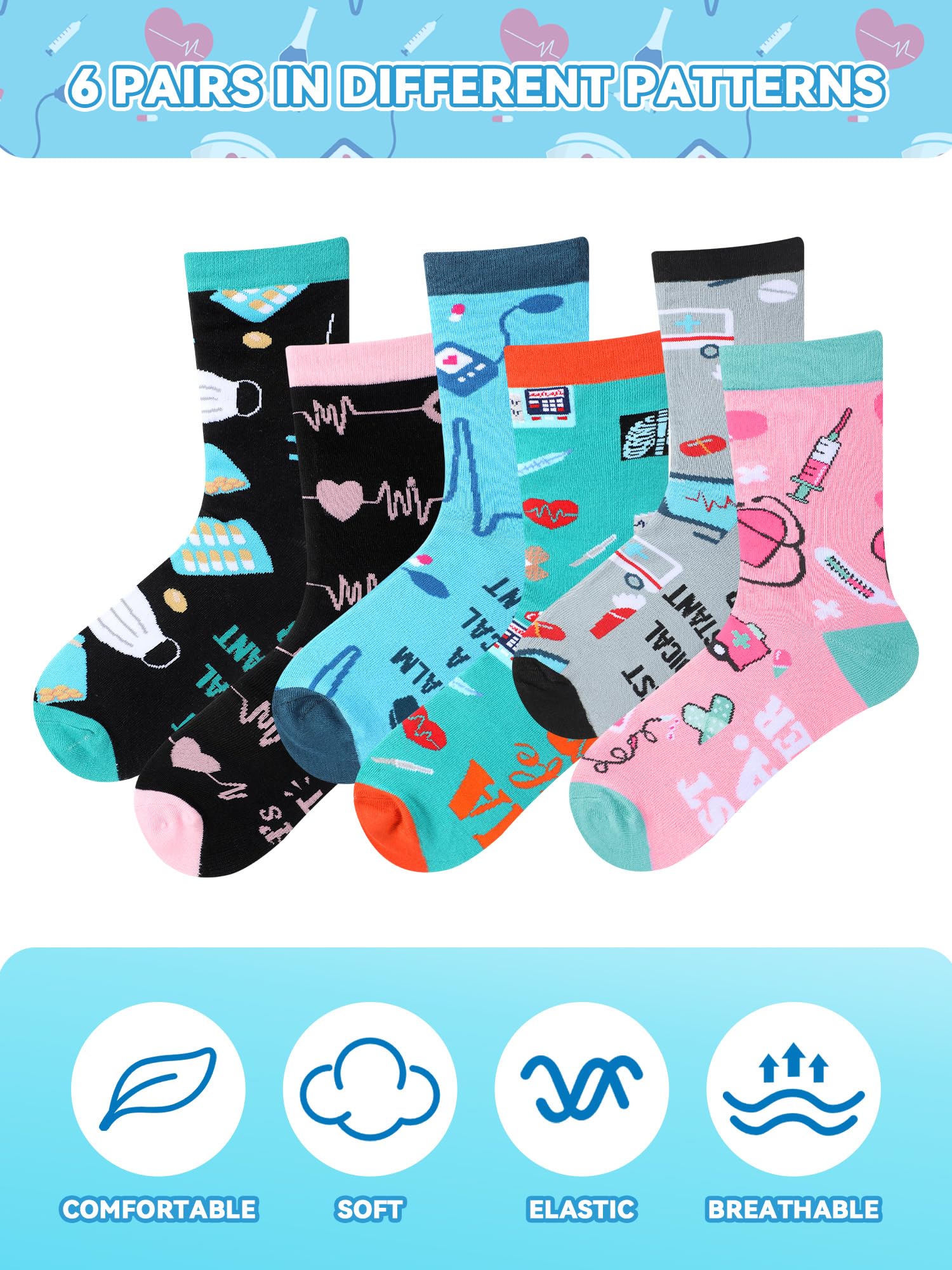 6 Pairs Medical Assistant Socks for Women Men Novelty MA Crew Socks Nurse Week MA Appreciation Gifts for Medical Assistant Healthcare Workers