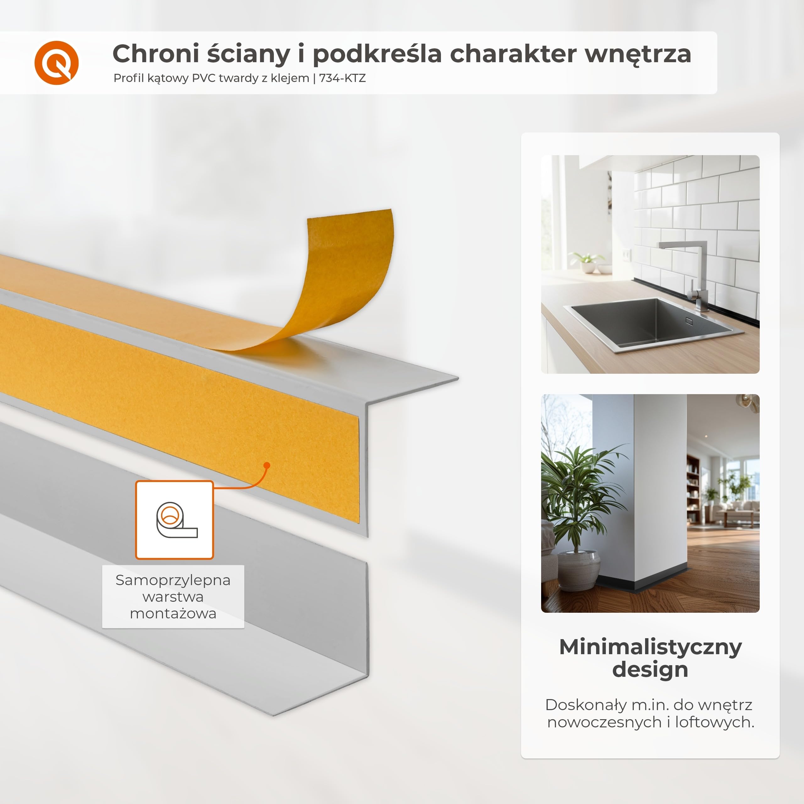 QUEST Kątownik twardy PVC 15x15 mm samoprzylepny, klejony po zewnętrznej stronie, ozdobny profil L kątowy, biały, 150 cm